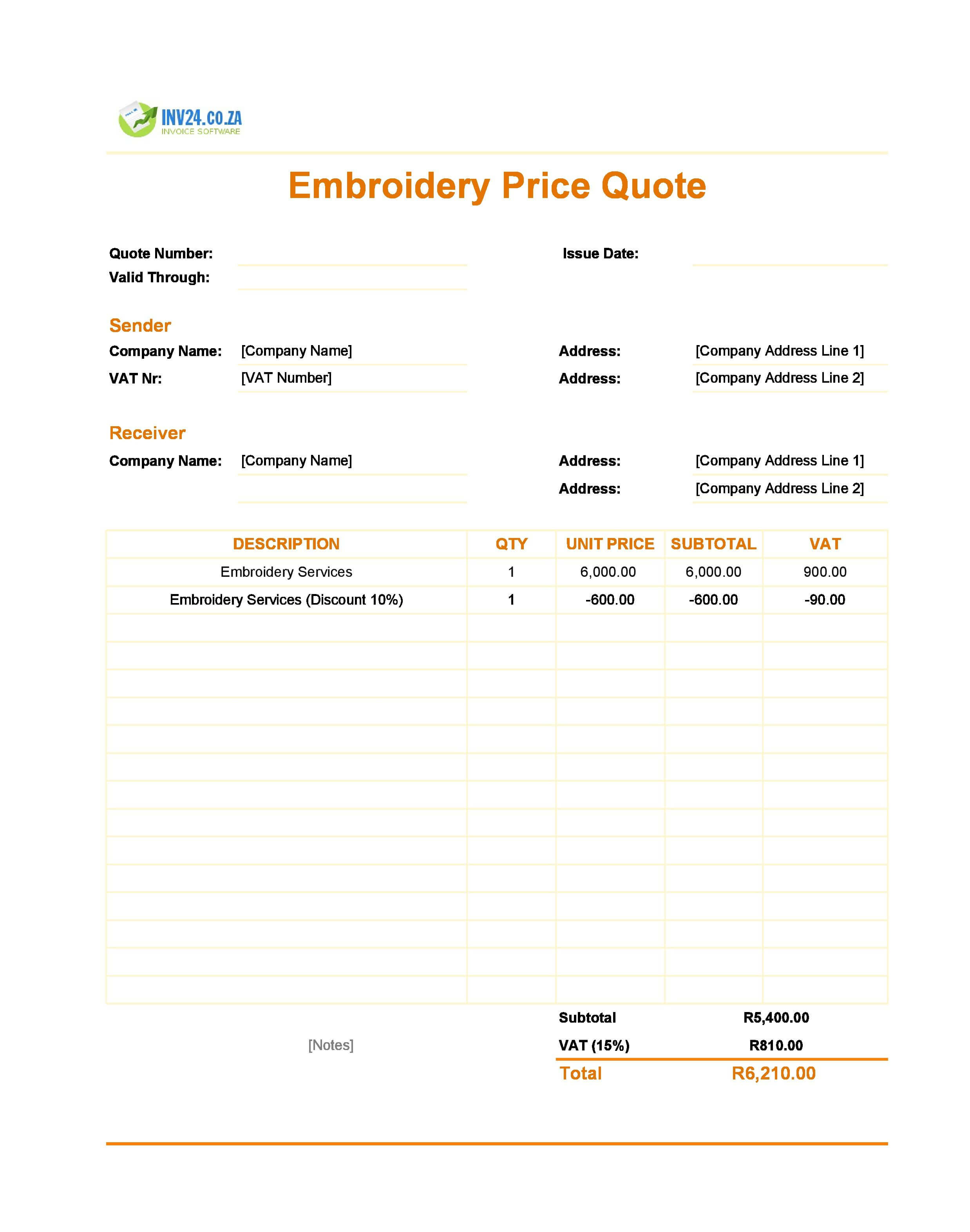 Embroidery Quote Template for South Africa (Excel / Google Sheets)