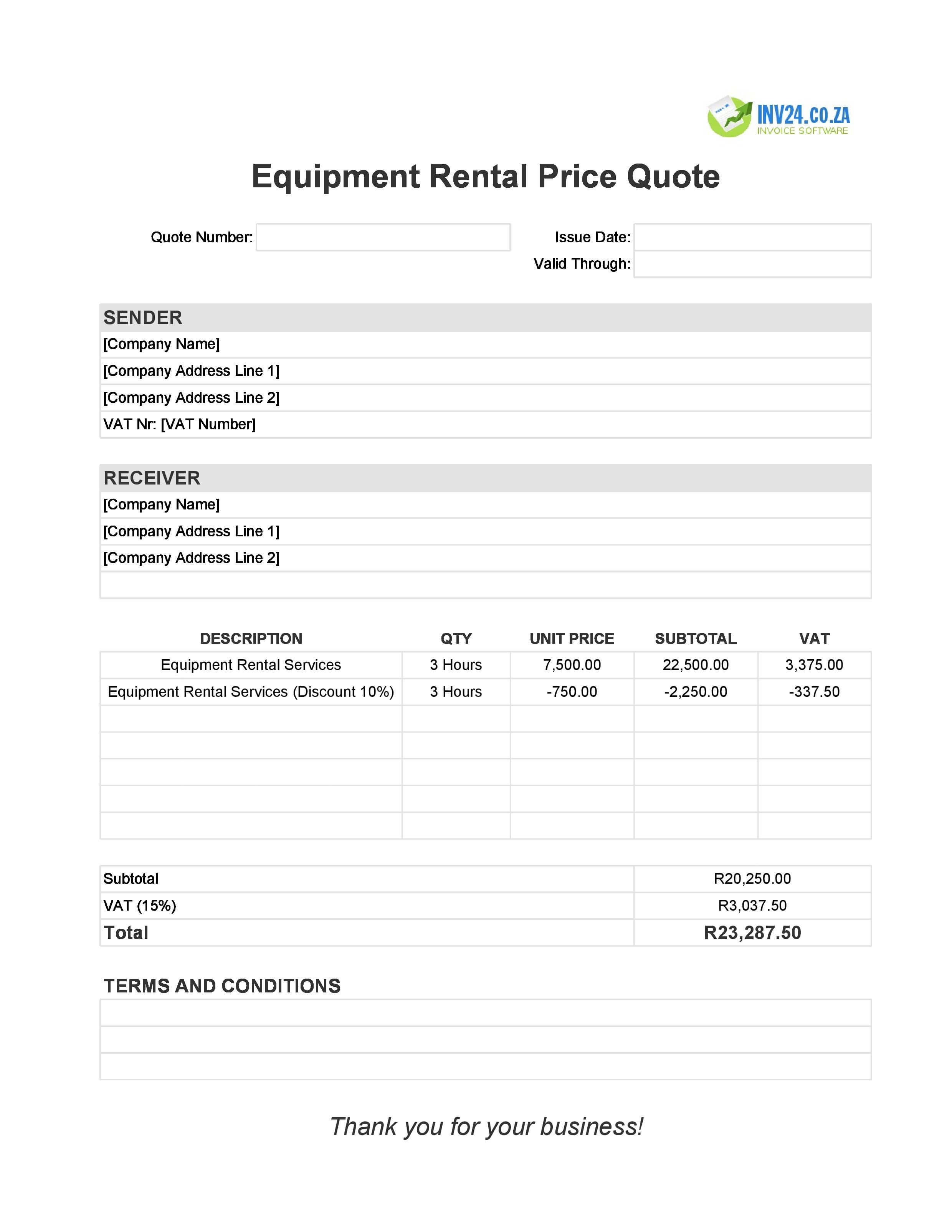 Equipment Rental Quote Template for South Africa (Excel / Google Sheets)