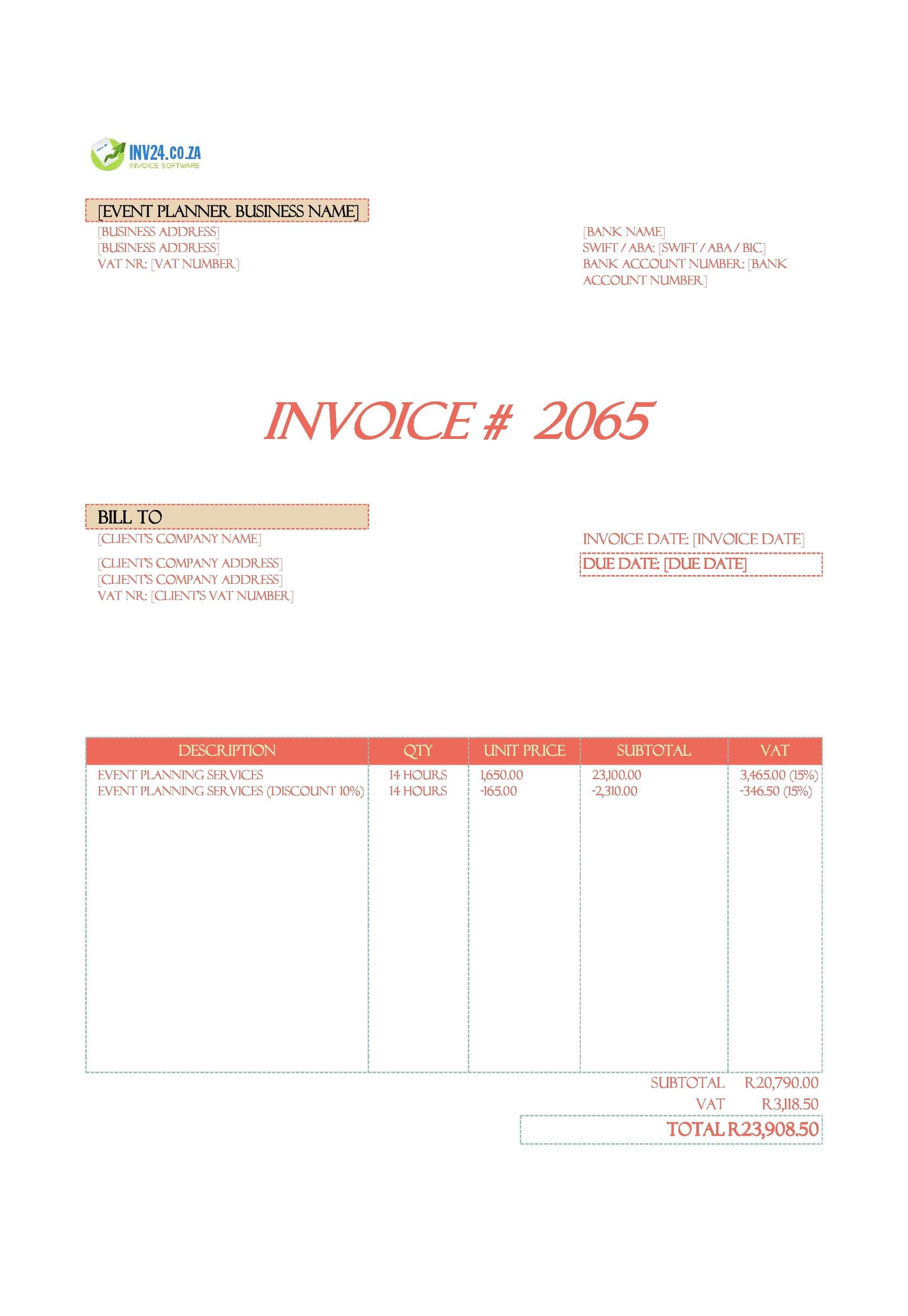 Event Planner Invoice Template for South Africa (Excel / Google Sheets) Event Planner Invoice Template for South Africa (Excel / Google Sheets)
