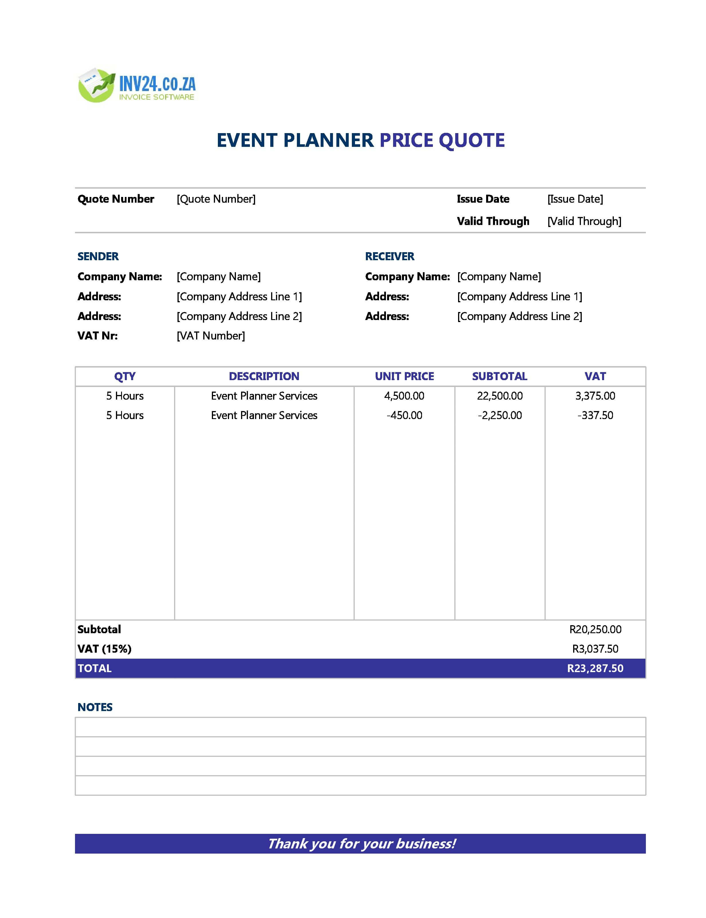 Event Planner Quote Template for South Africa (Excel / Google Sheets)