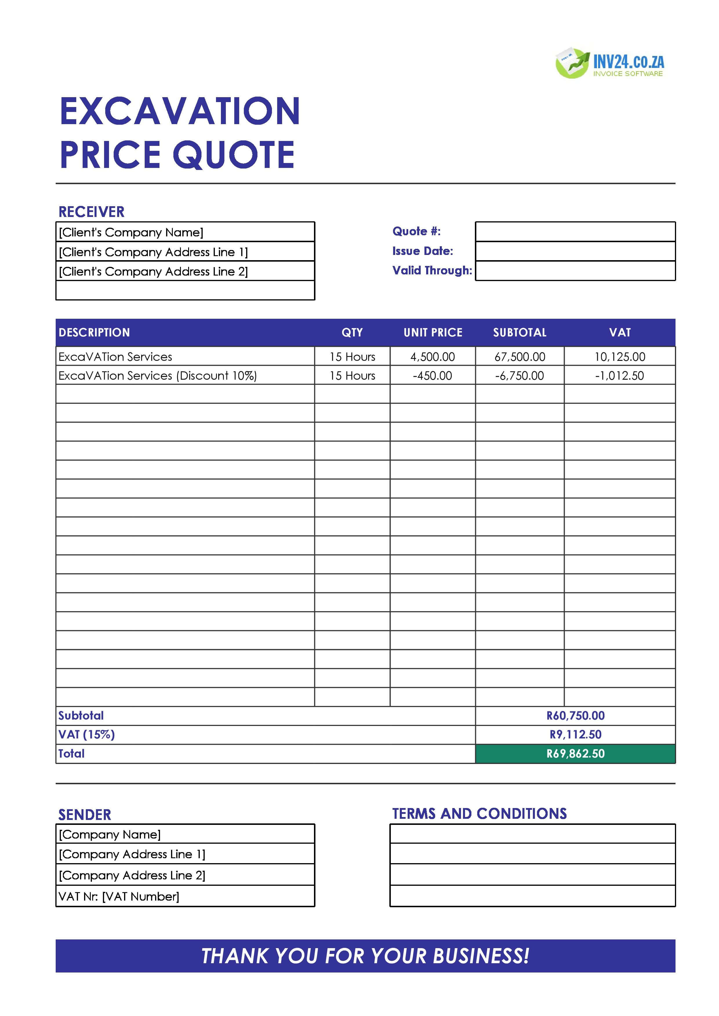 Excavation Quote Template for South Africa (Excel / Google Sheets)