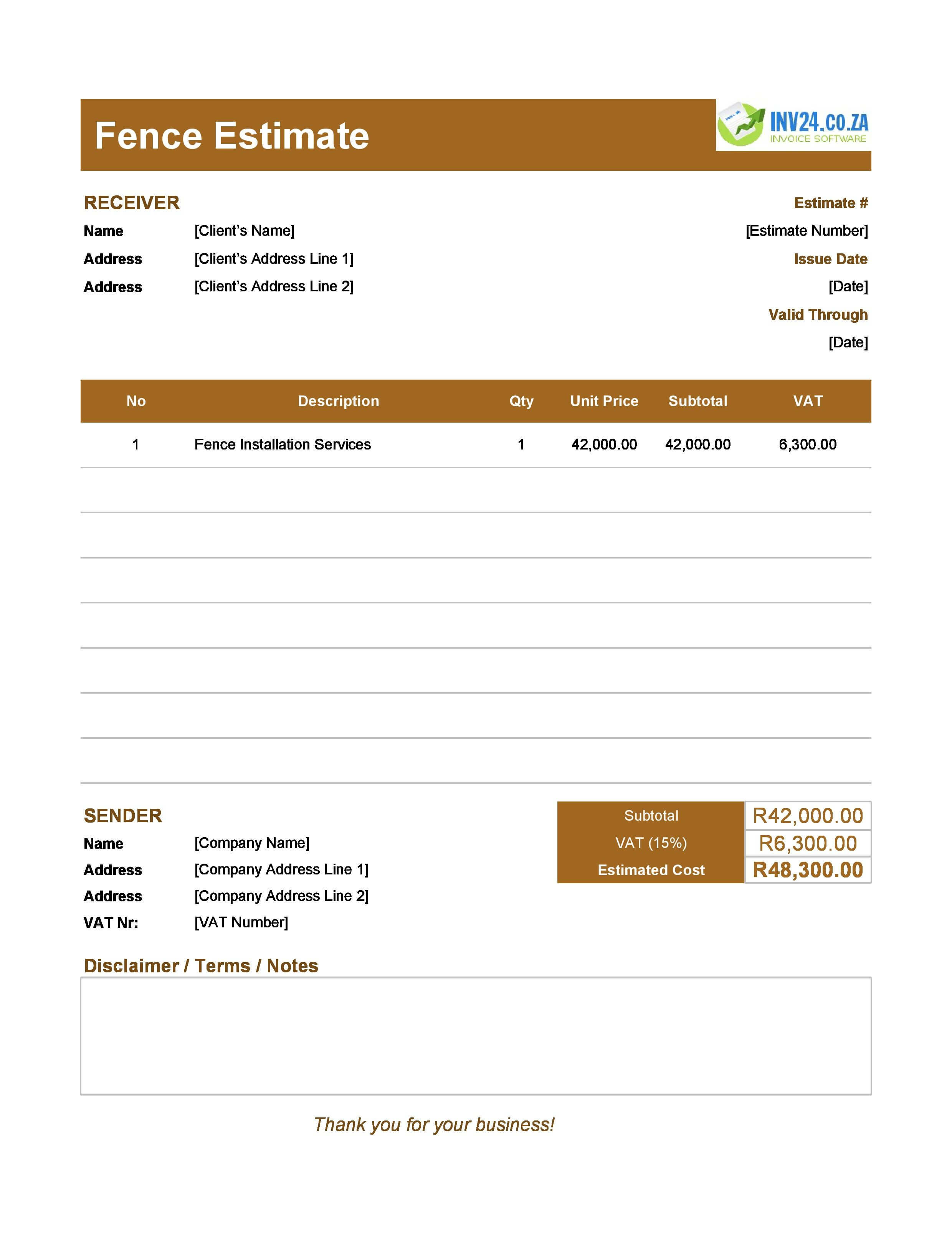Fence Estimate Template for South Africa (Excel / Google Sheets)