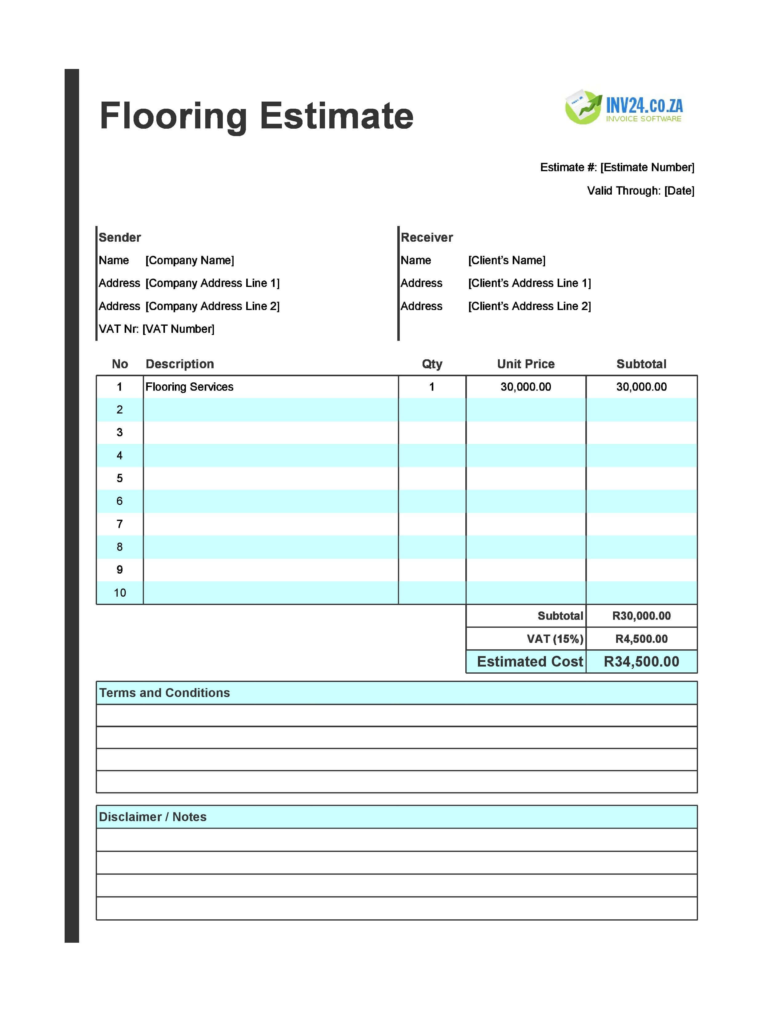 Flooring Estimate Template for South Africa (Excel / Google Sheets)