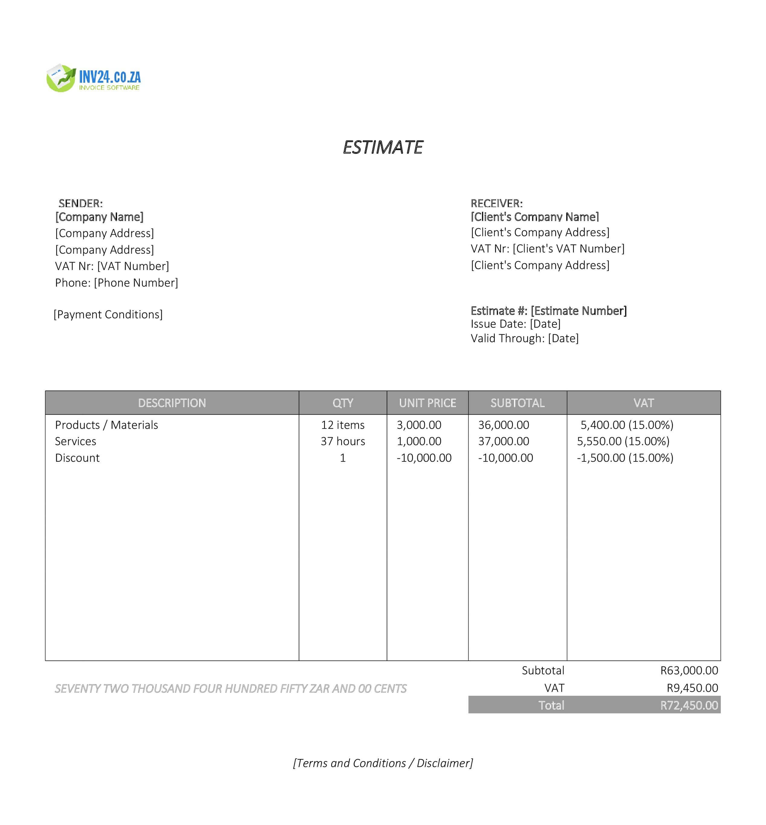 Formal Estimate Template for South Africa (Excel / Google Sheets)