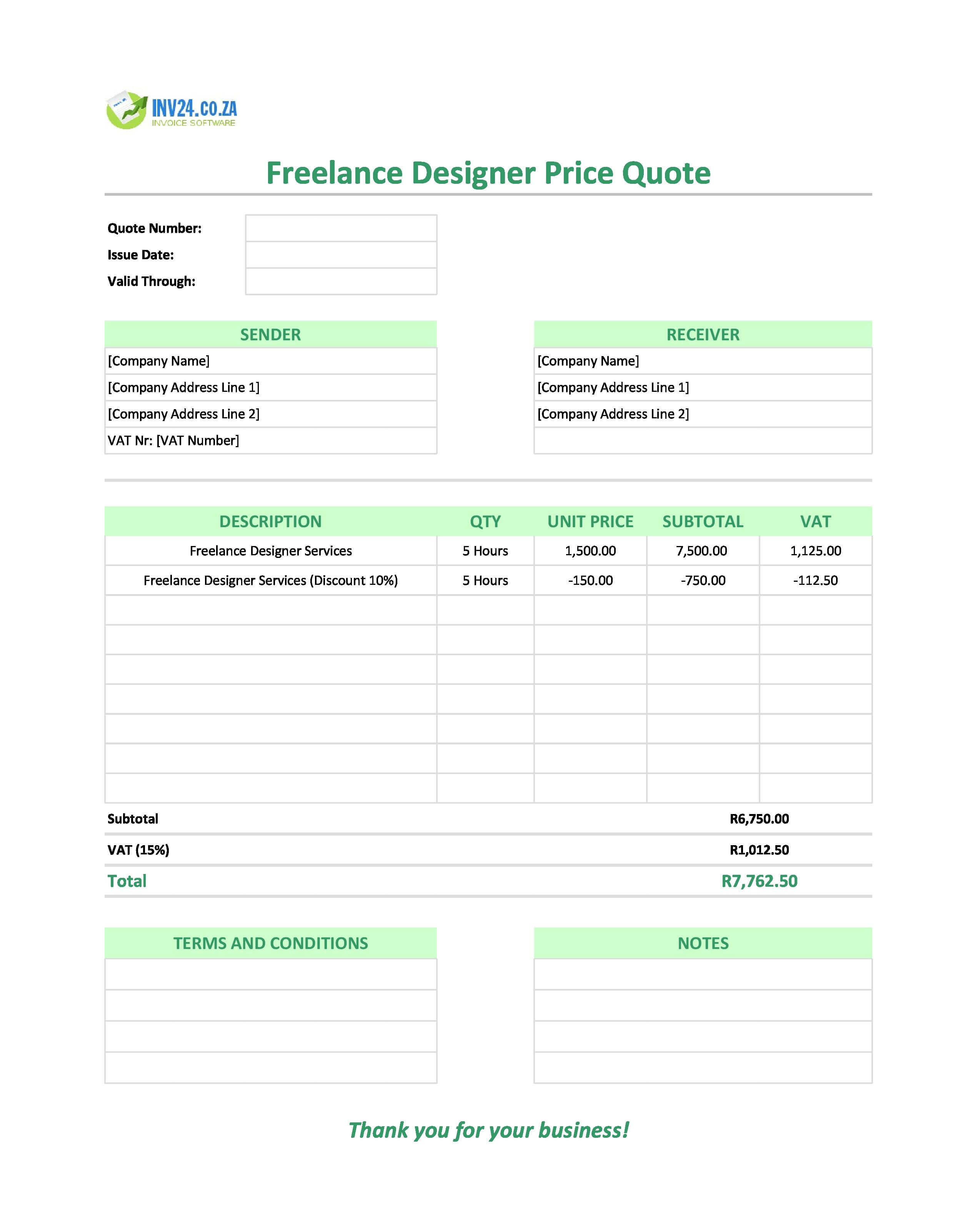 Freelance Designer Quote Template for South Africa (Excel / Google Sheets)