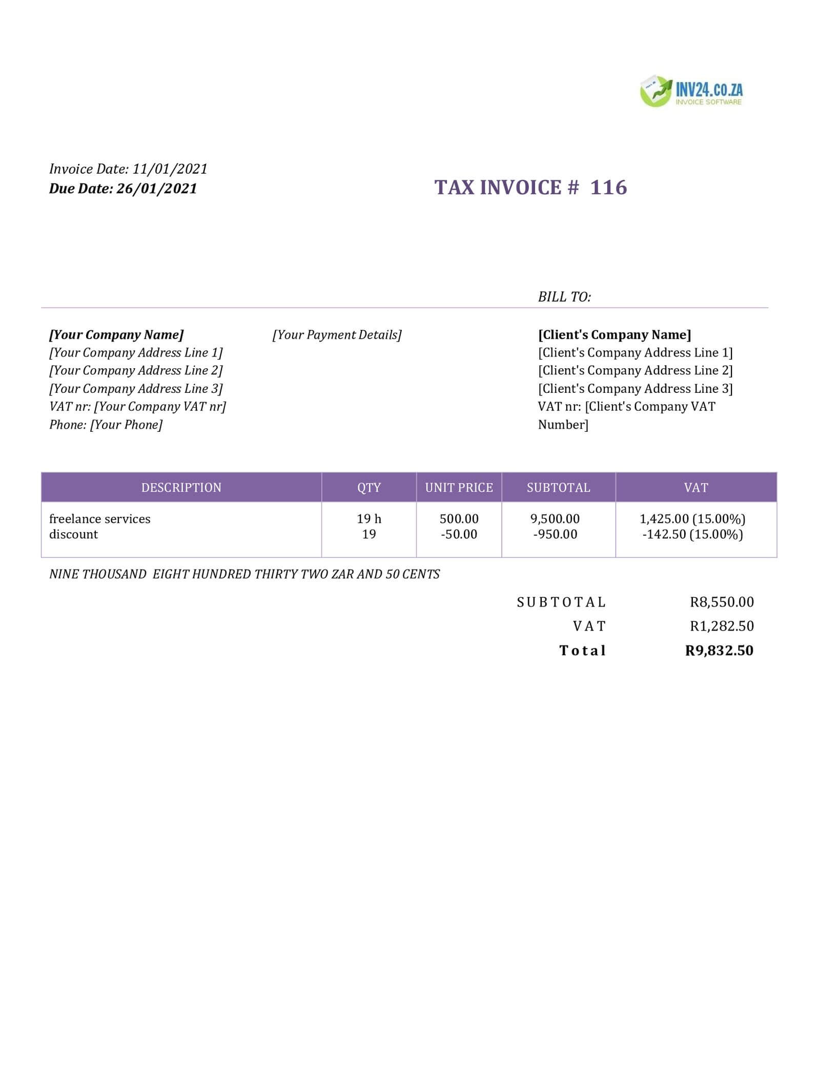 freelance invoice template south africa word