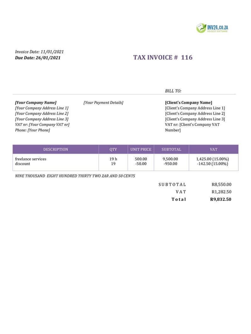 freelance invoice template south africa word