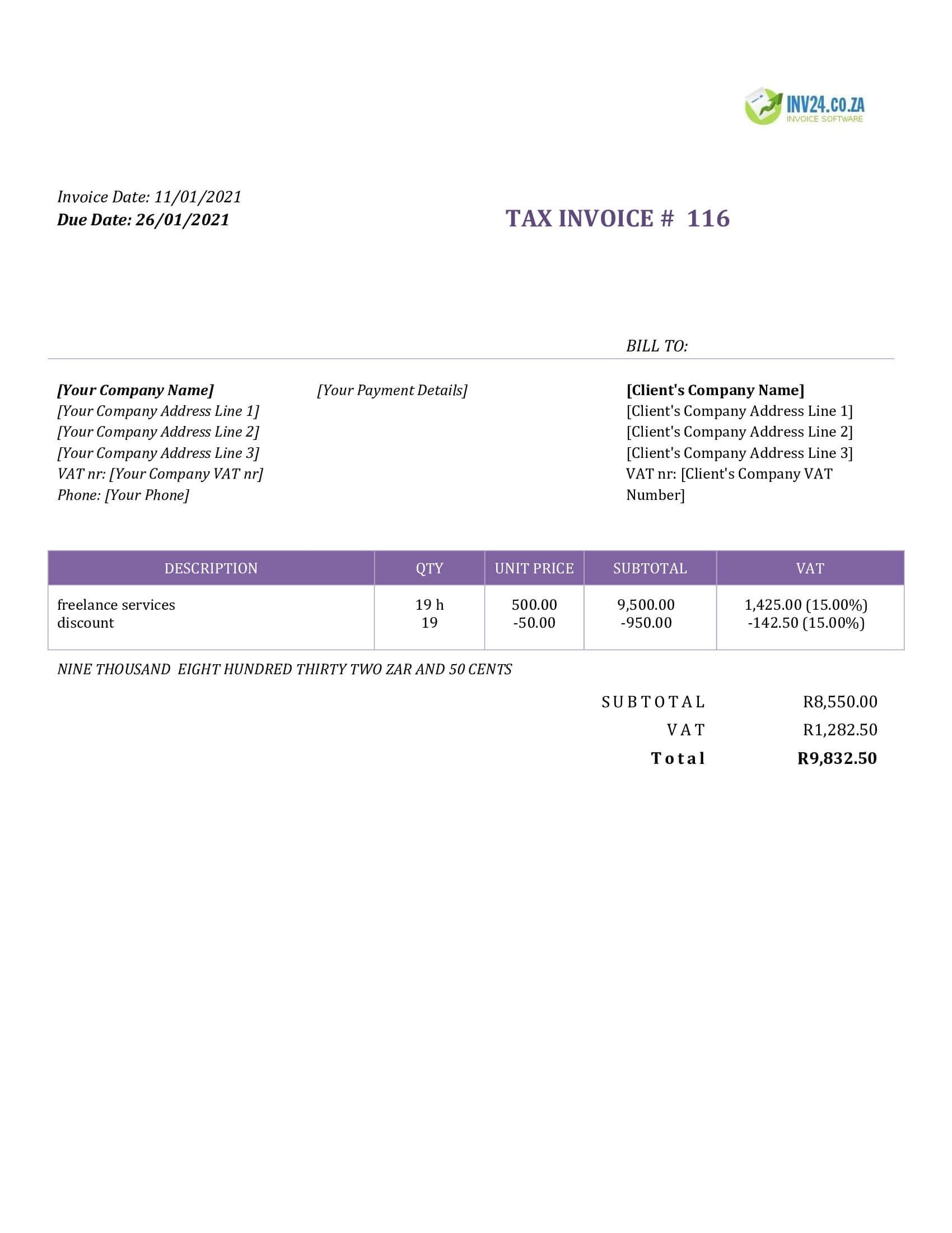 freelance invoice template south africa