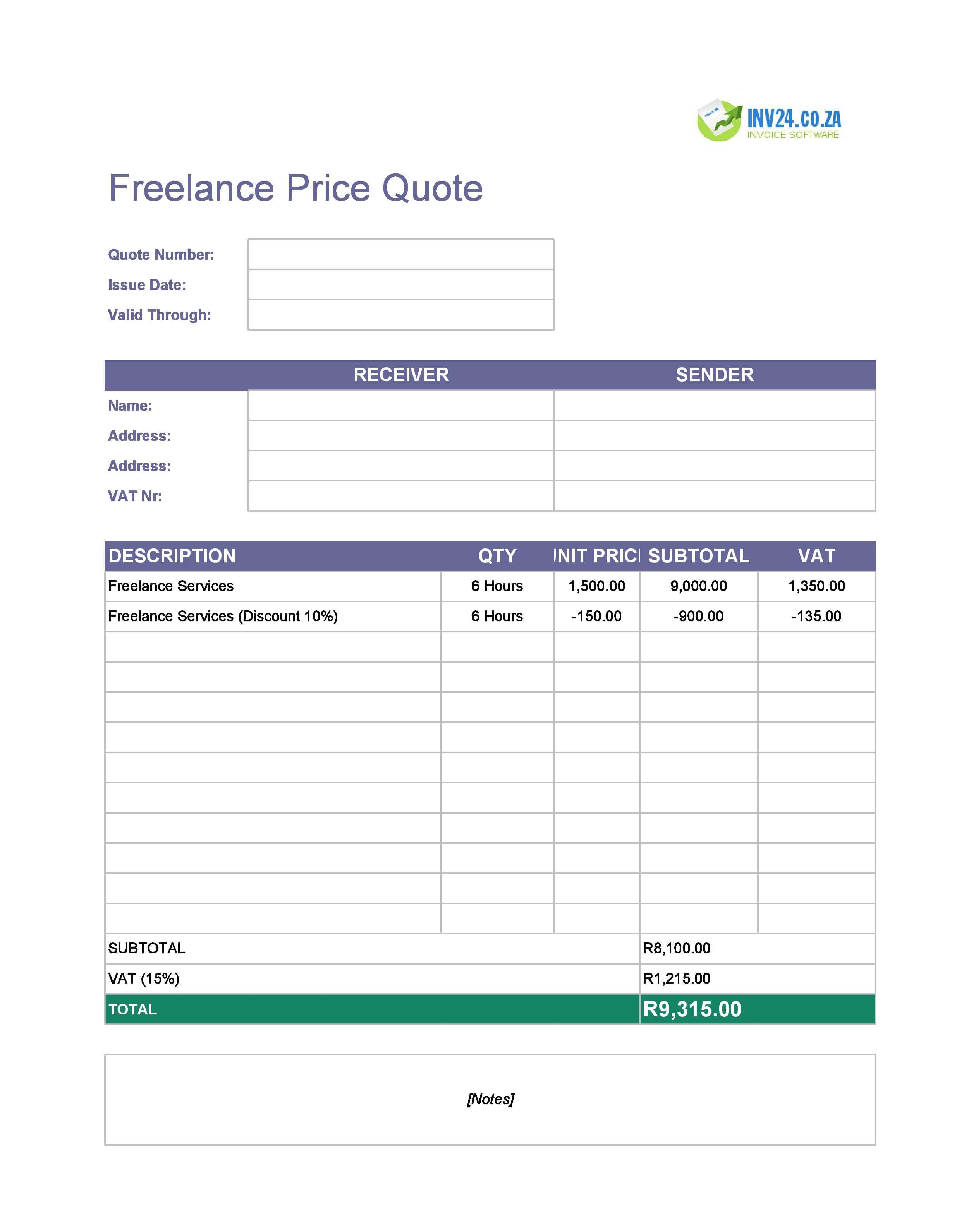 Freelance Quote Template for South Africa (Excel / Google Sheets)