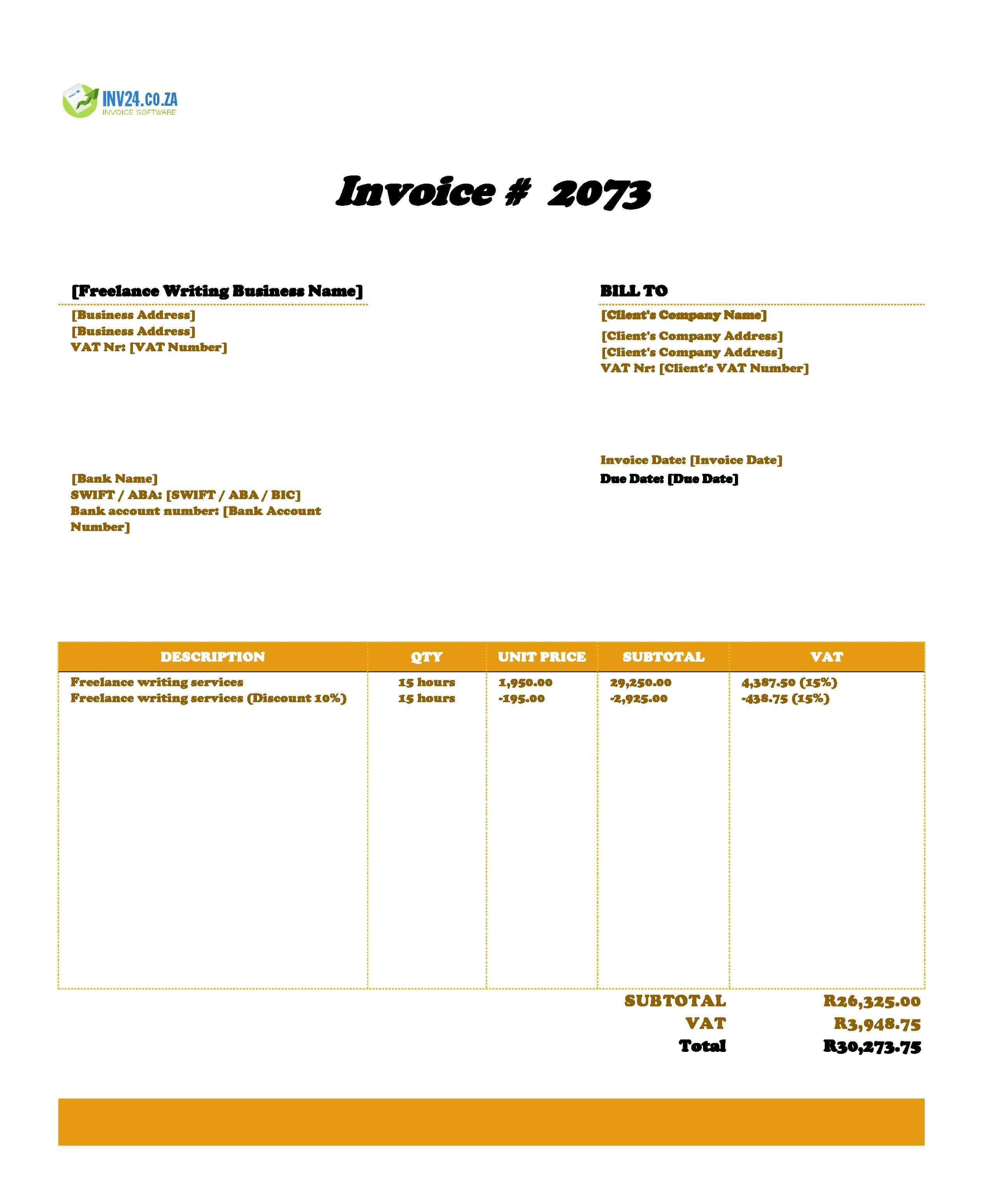 Freelance Writing Invoice Template for South Africa (Excel / Google Sheets)