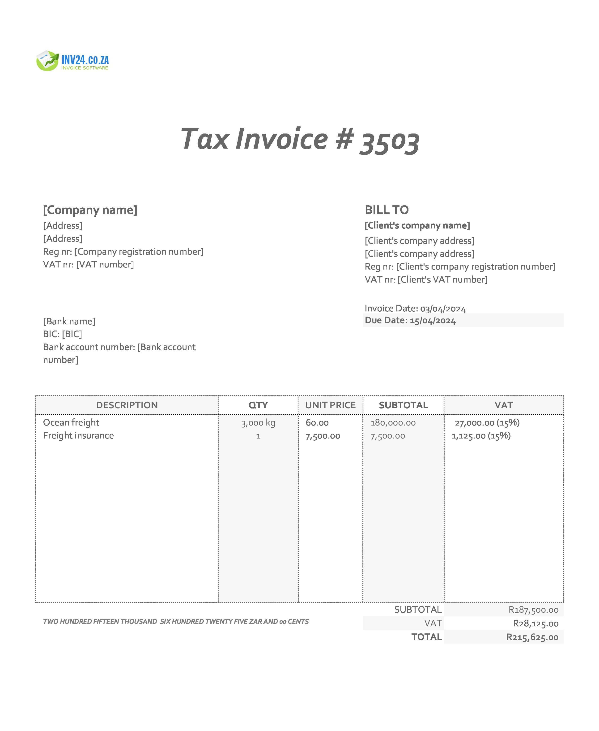 freight invoice template South Africa