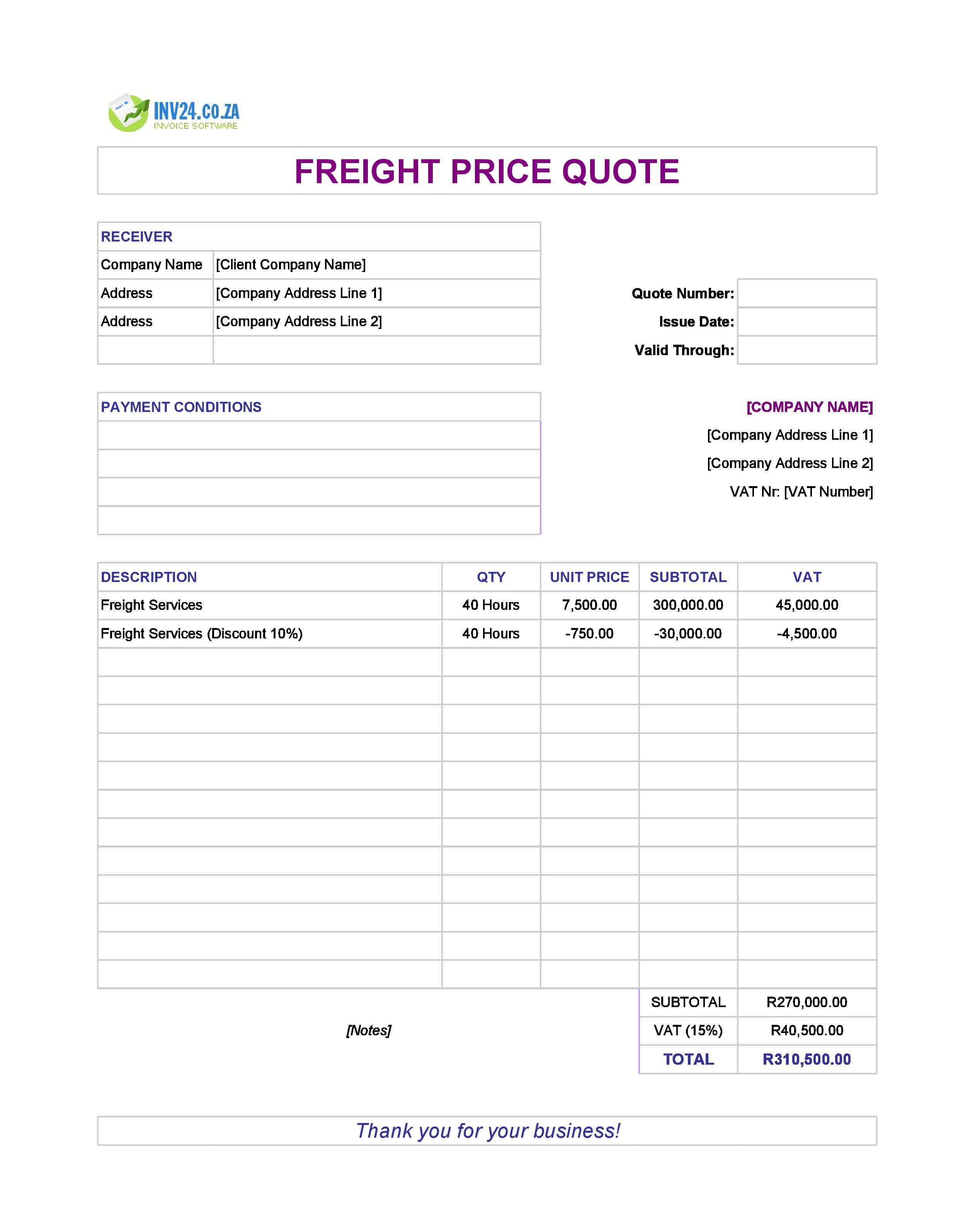 Freight Quote Template for South Africa (Excel / Google Sheets)