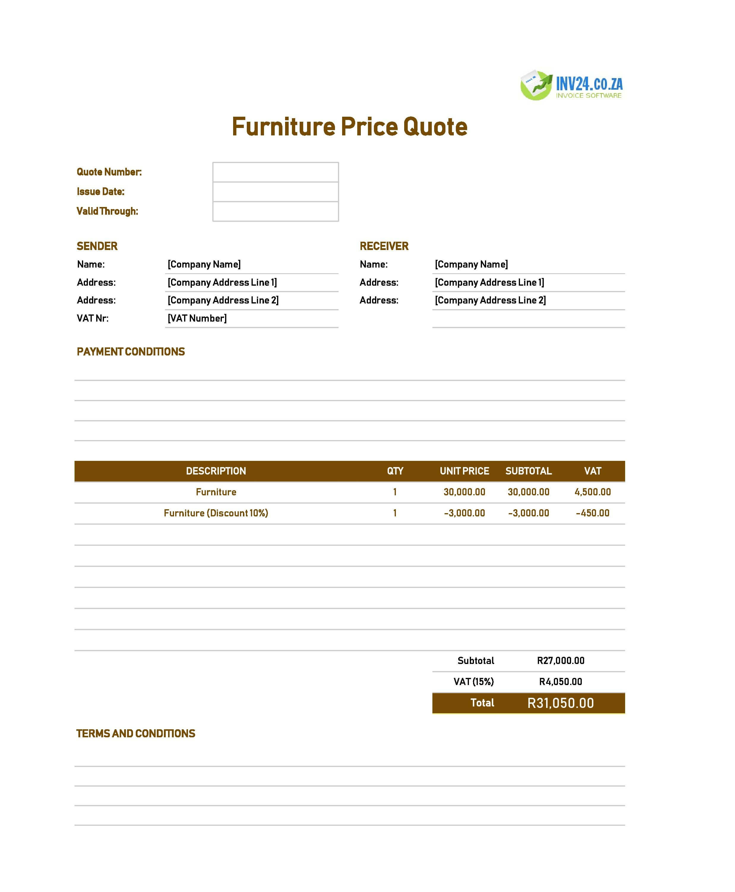 Furniture Quote Template for South Africa (Excel / Google Sheets)