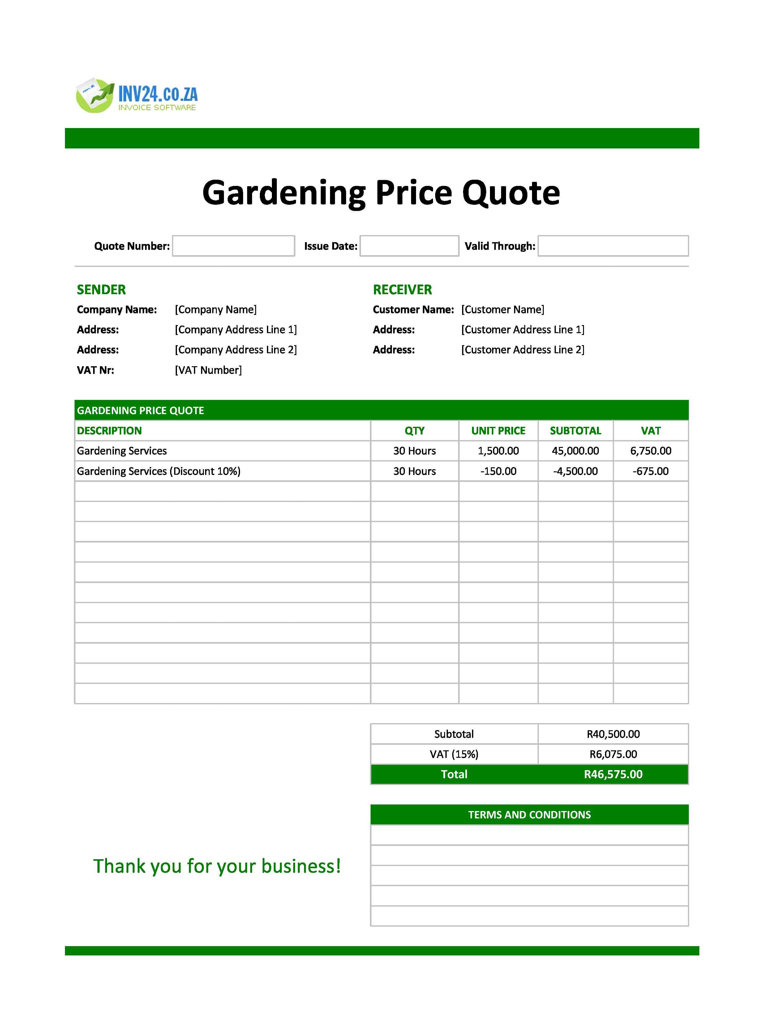 Gardening Quote Template for South Africa (Excel / Google Sheets)
