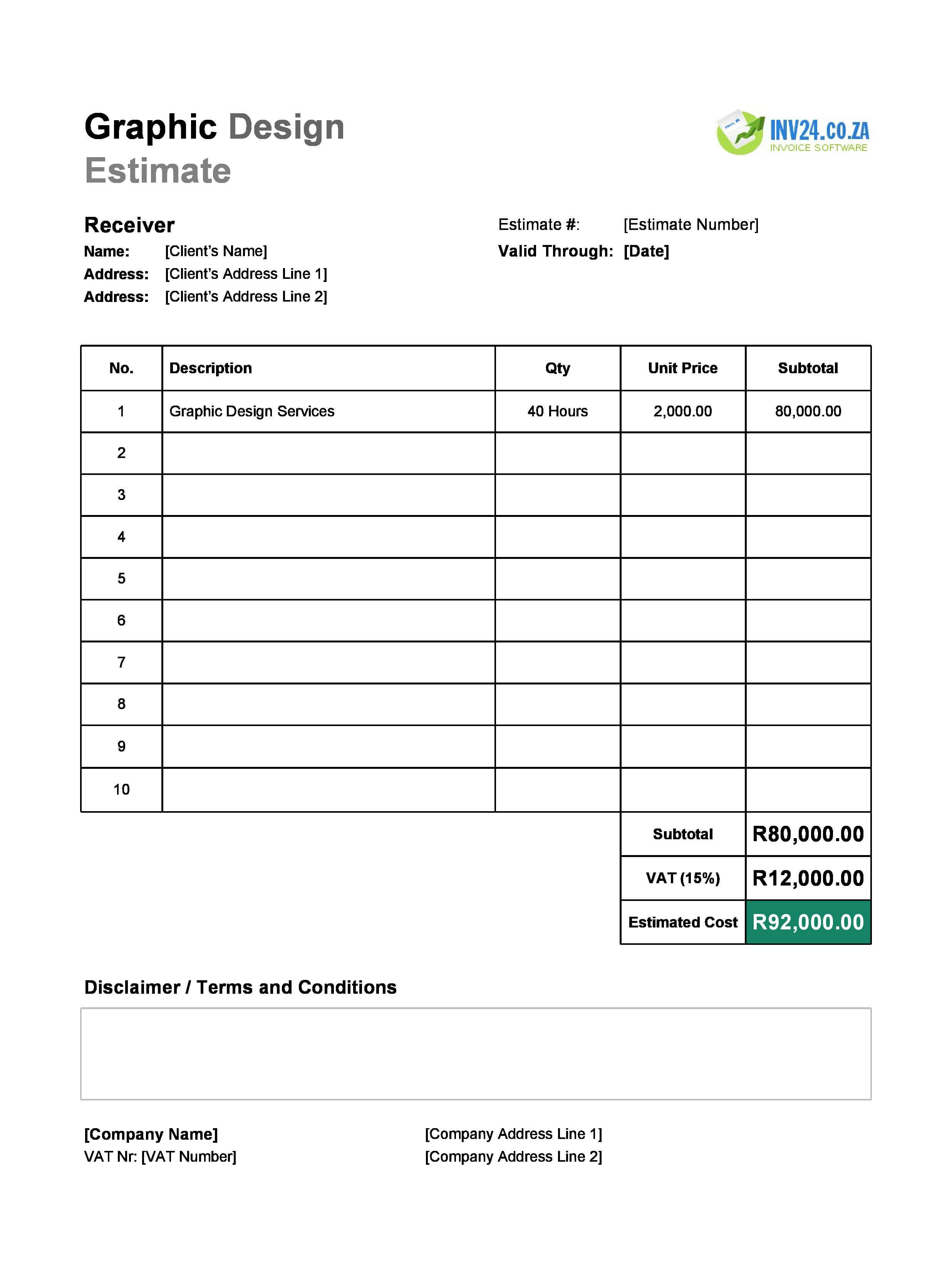Graphic Design Estimate Template for South Africa (Excel / Google Sheets)