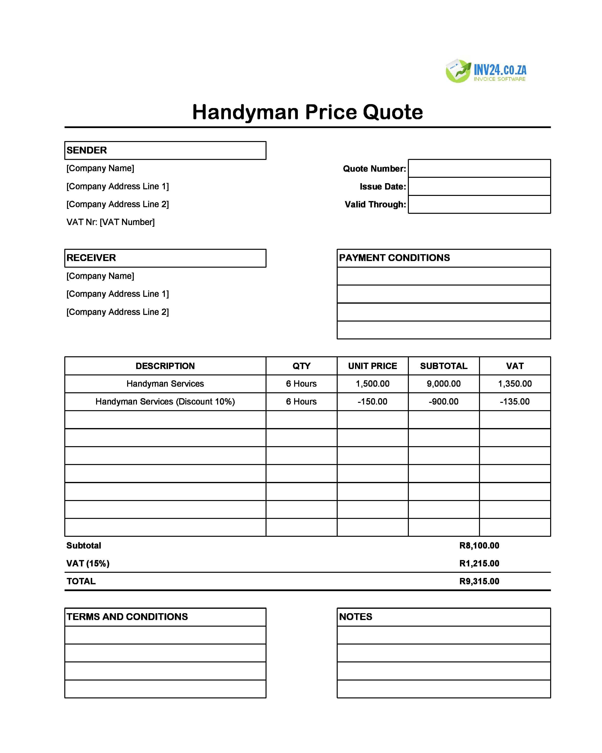 Handyman Quote Template for South Africa (Excel / Google Sheets)