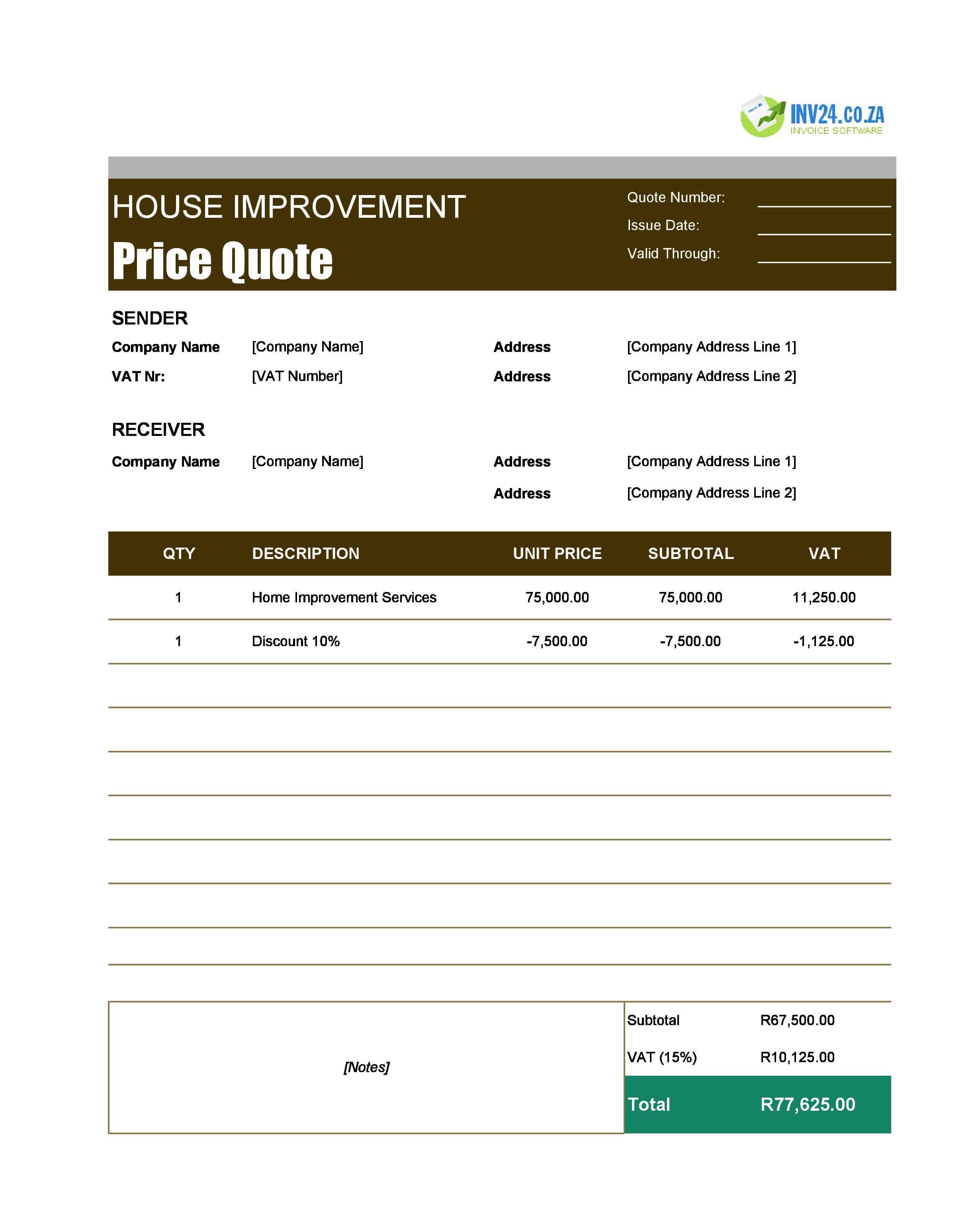Home Improvement Quote Template for South Africa (Excel / Google Sheets)