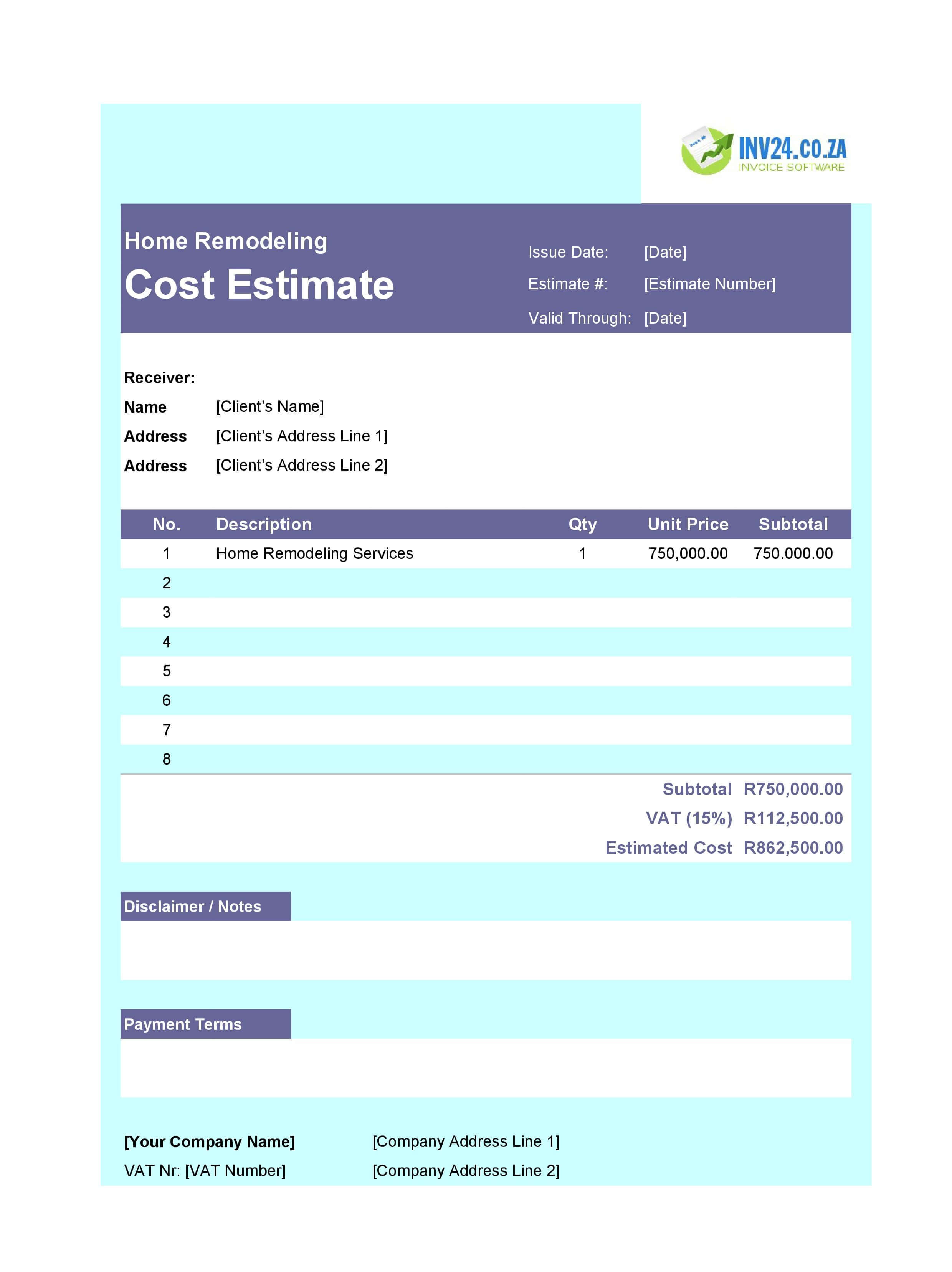 Home Remodeling Cost Estimate Template for South Africa (Excel / Google Sheets)