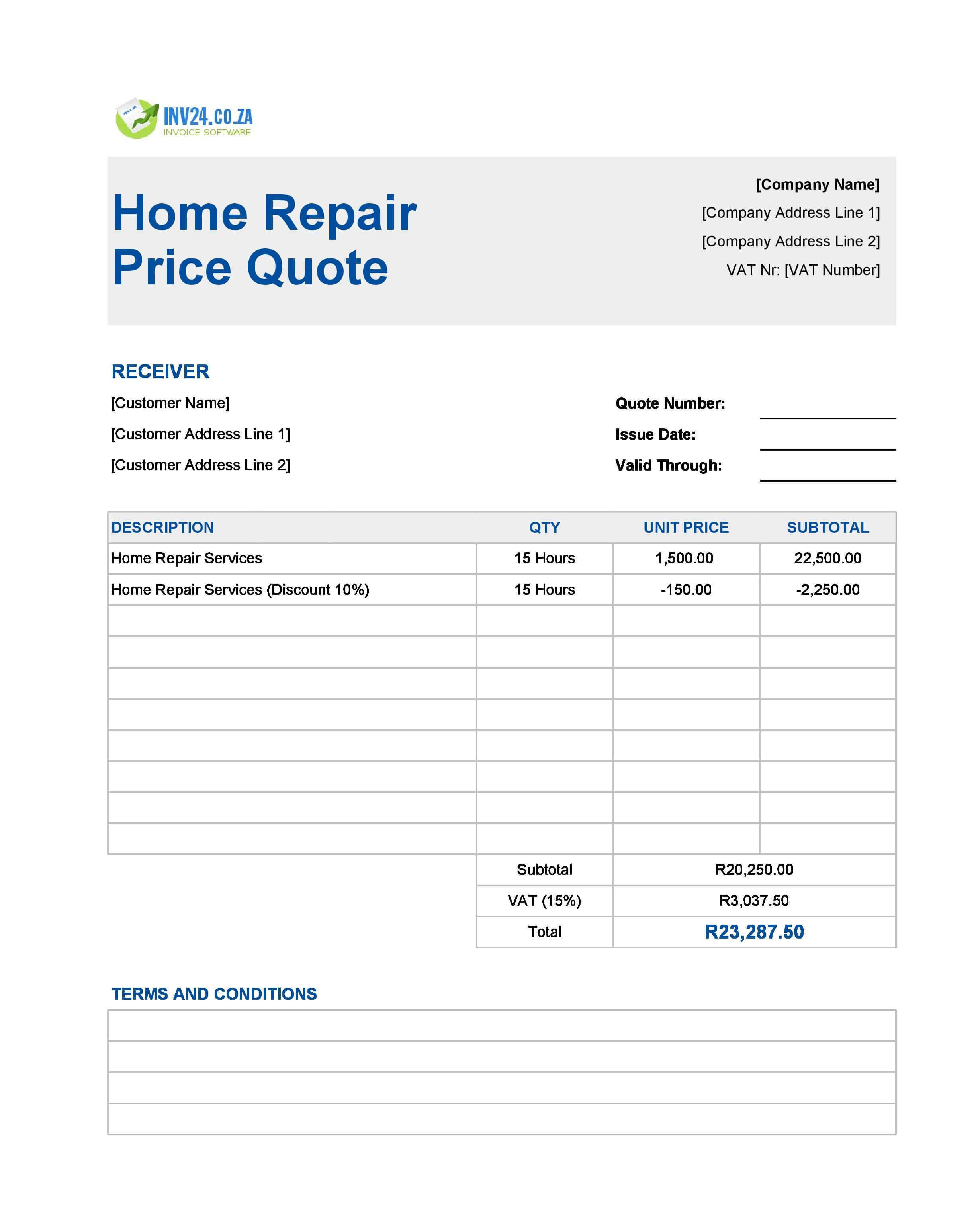 Home Repair Quote Template for South Africa (Excel / Google Sheets)