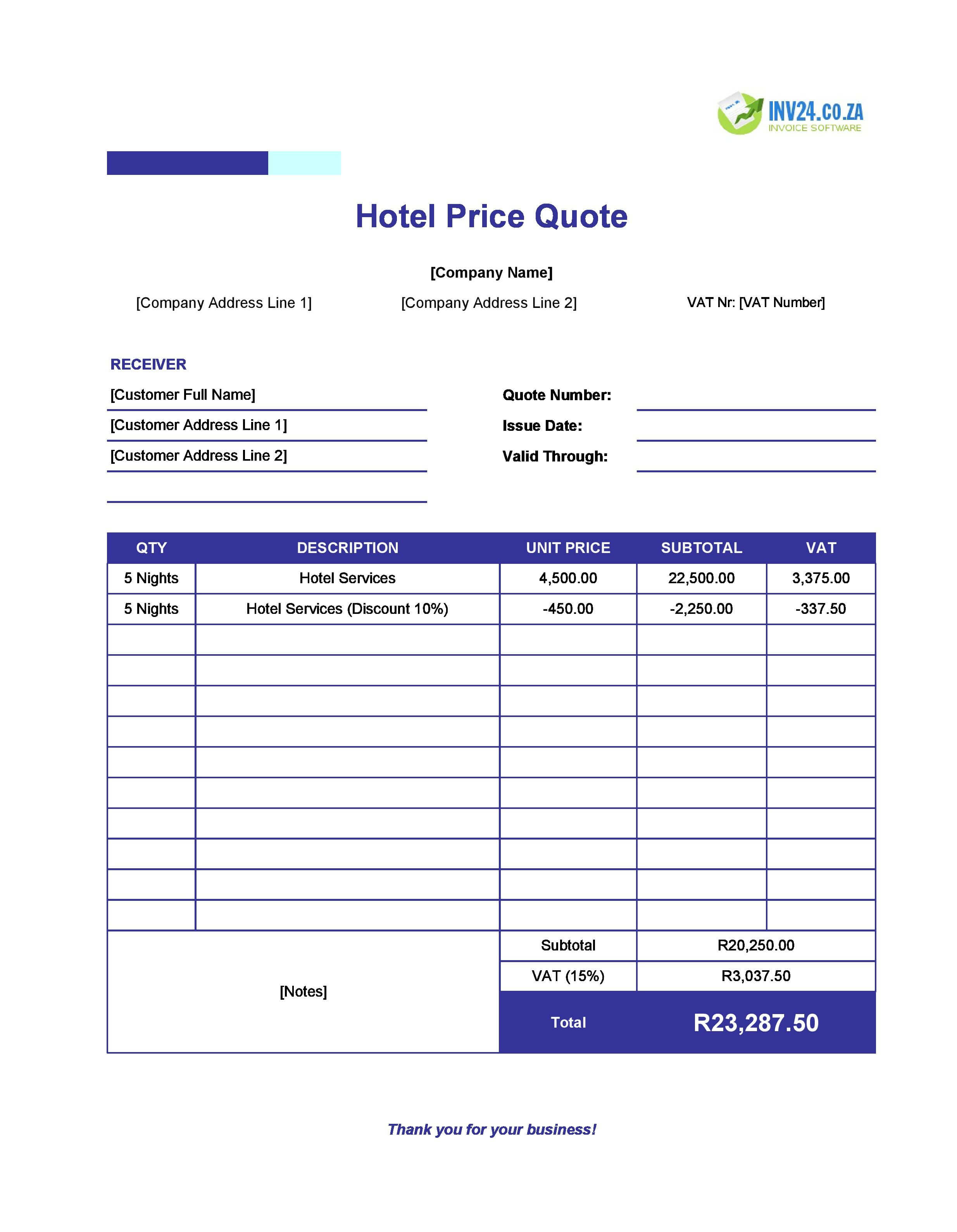 Hotel Quote Template for South Africa (Excel / Google Sheets)