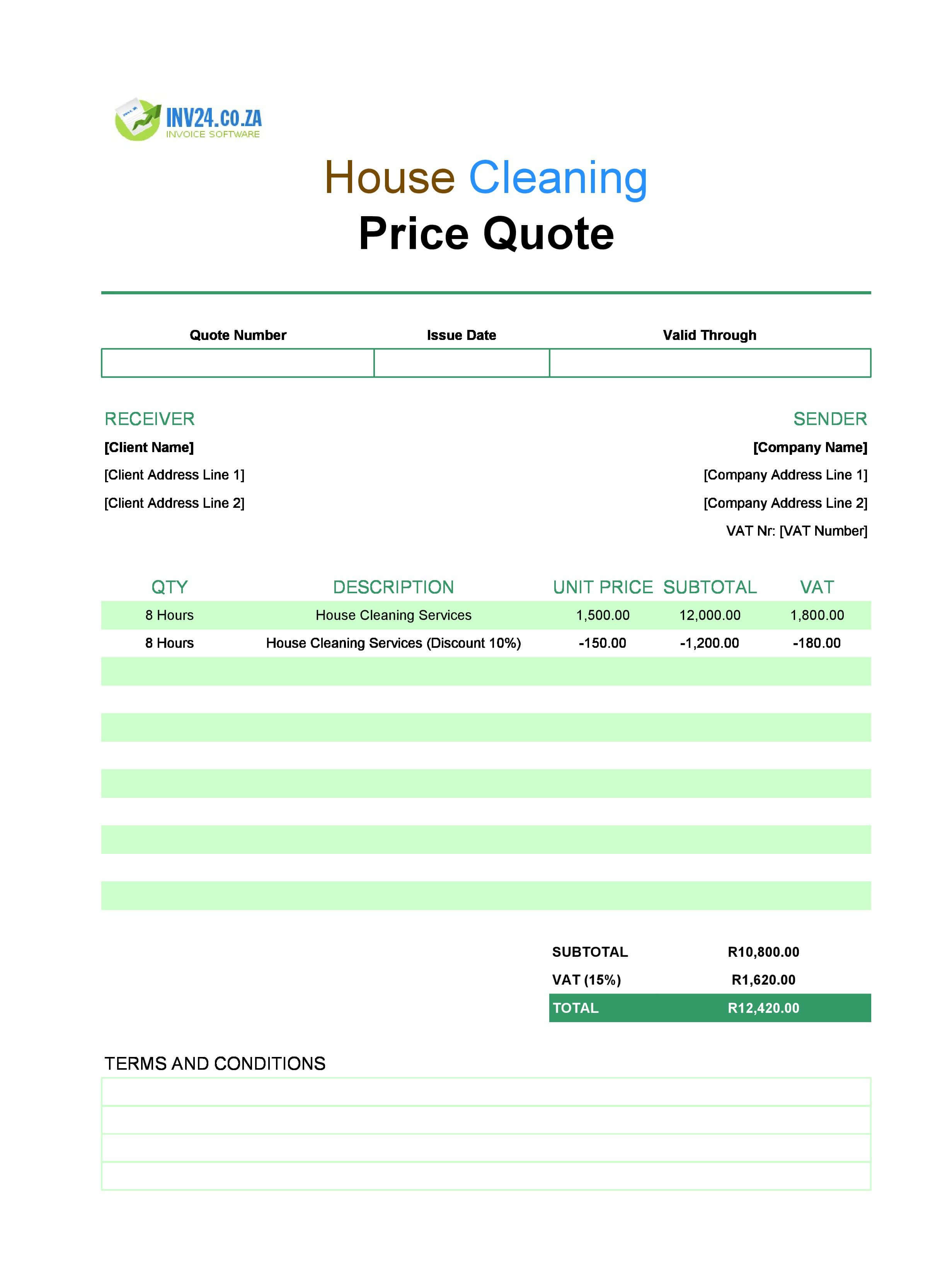 House Cleaning Quote Template for South Africa (Excel / Google Sheets)