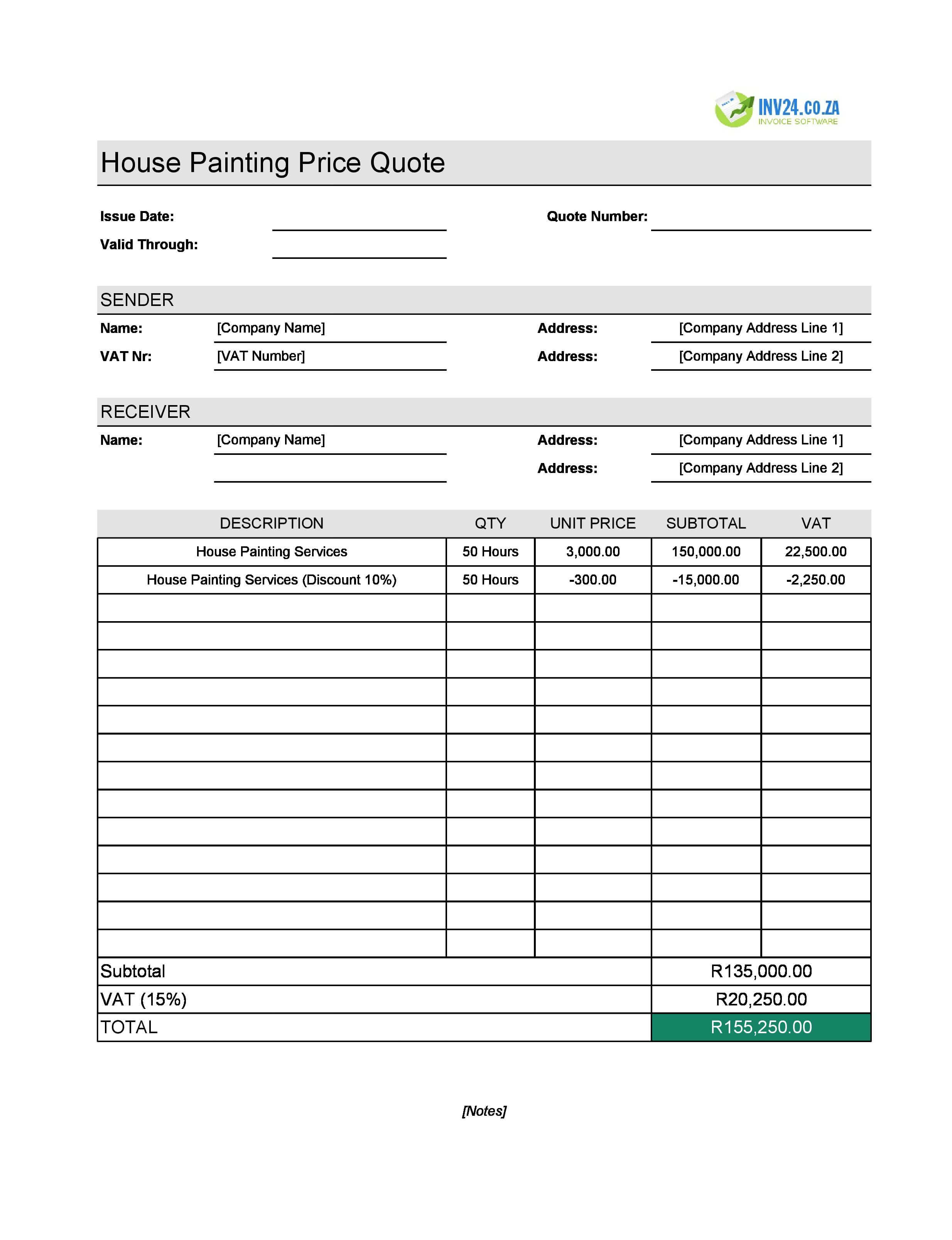 House Painting Quote Template for South Africa (Excel / Google Sheets)