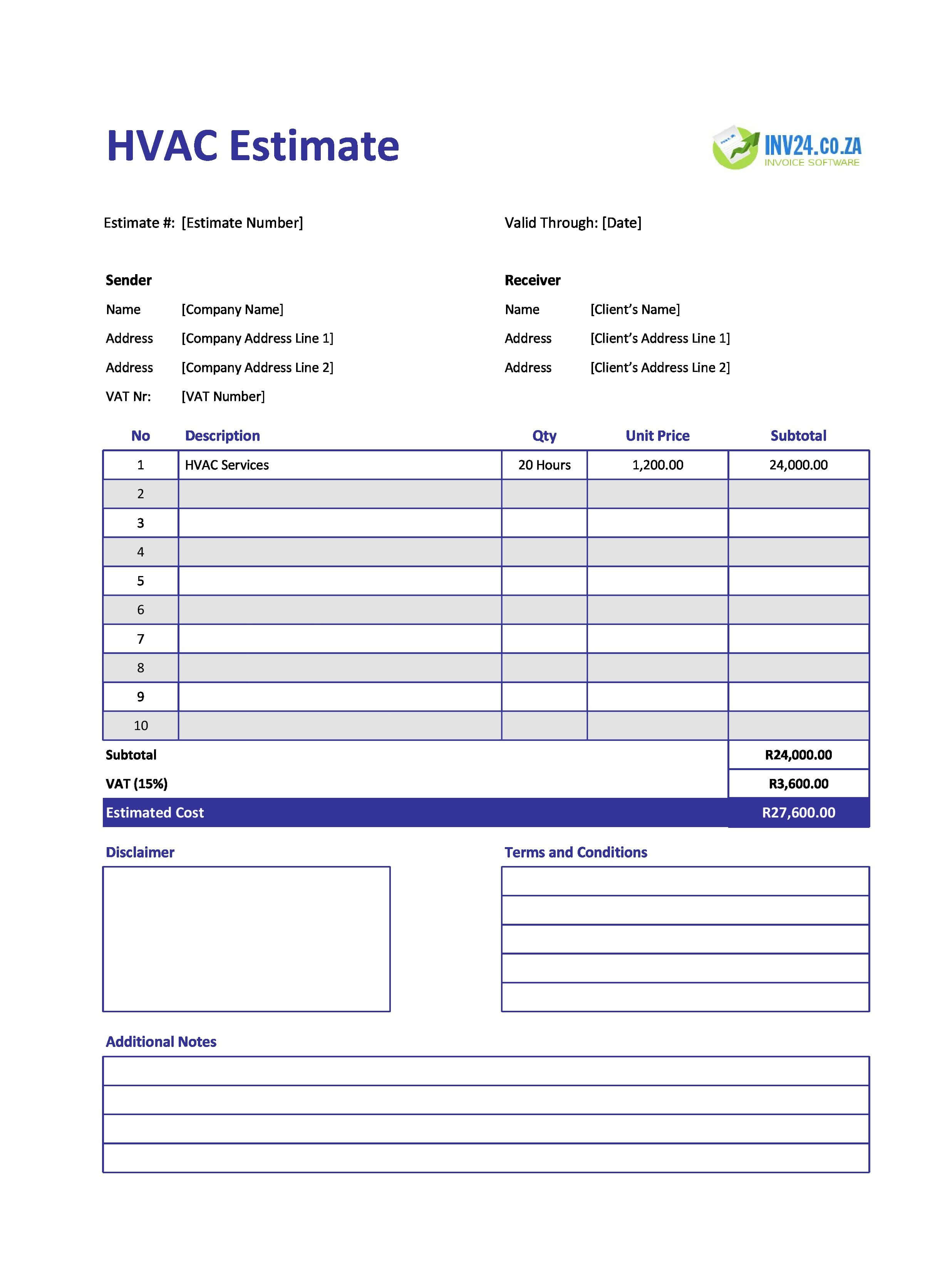 HVAC Estimate Template for South Africa (Excel / Google Sheets)