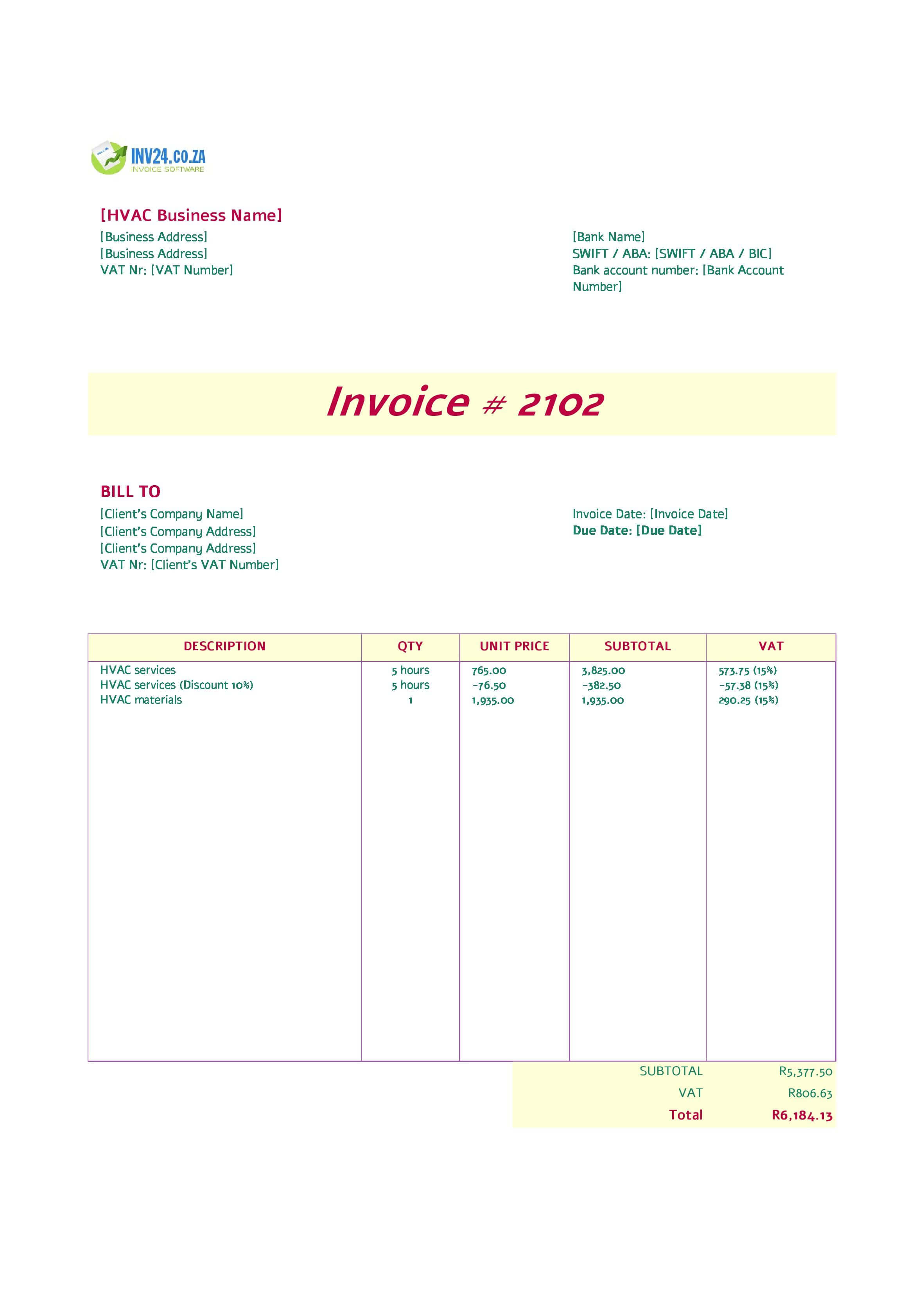HVAC Invoice Template for South Africa (Excel / Google Sheets)