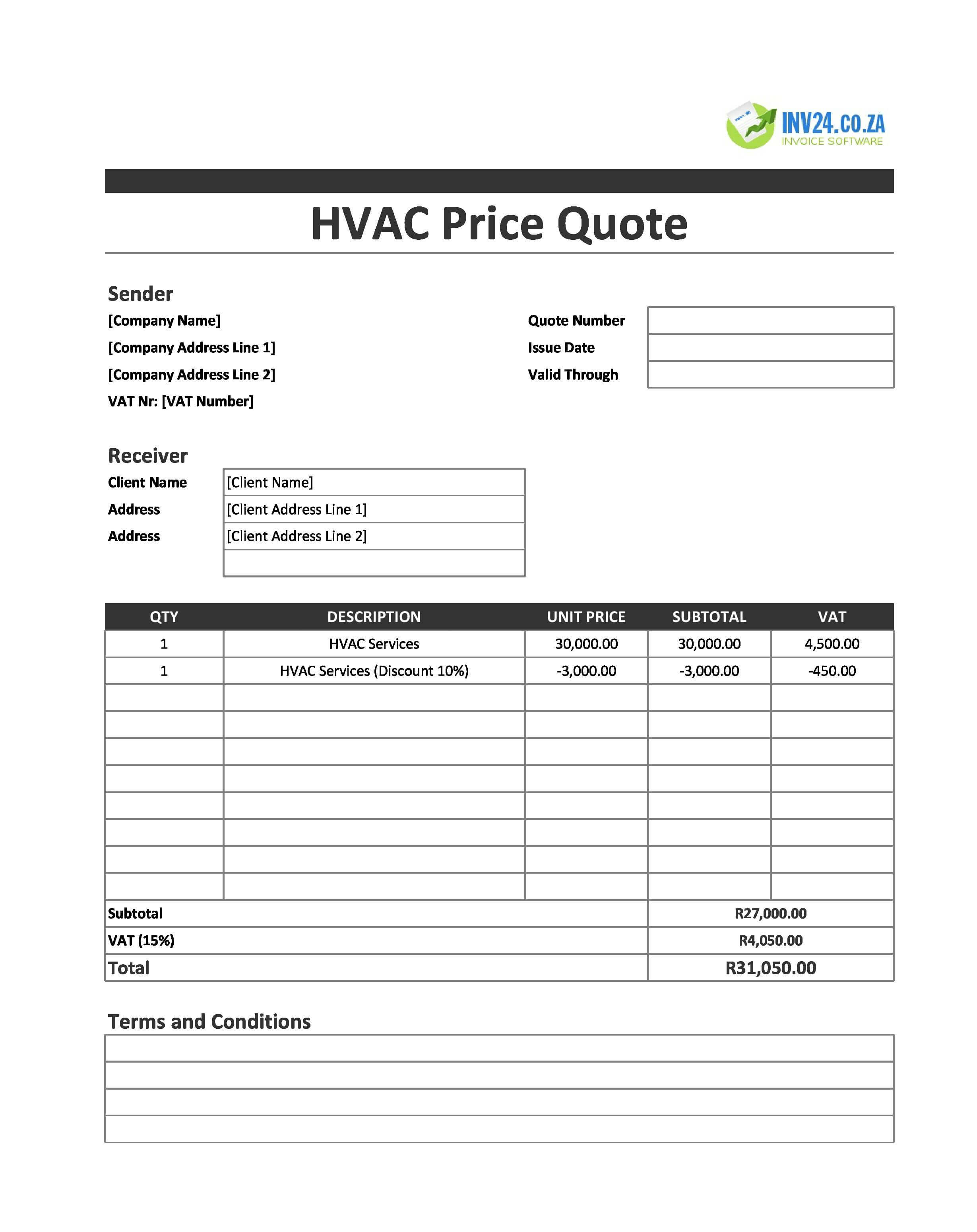 HVAC Quote Template for South Africa (Excel / Google Sheets)