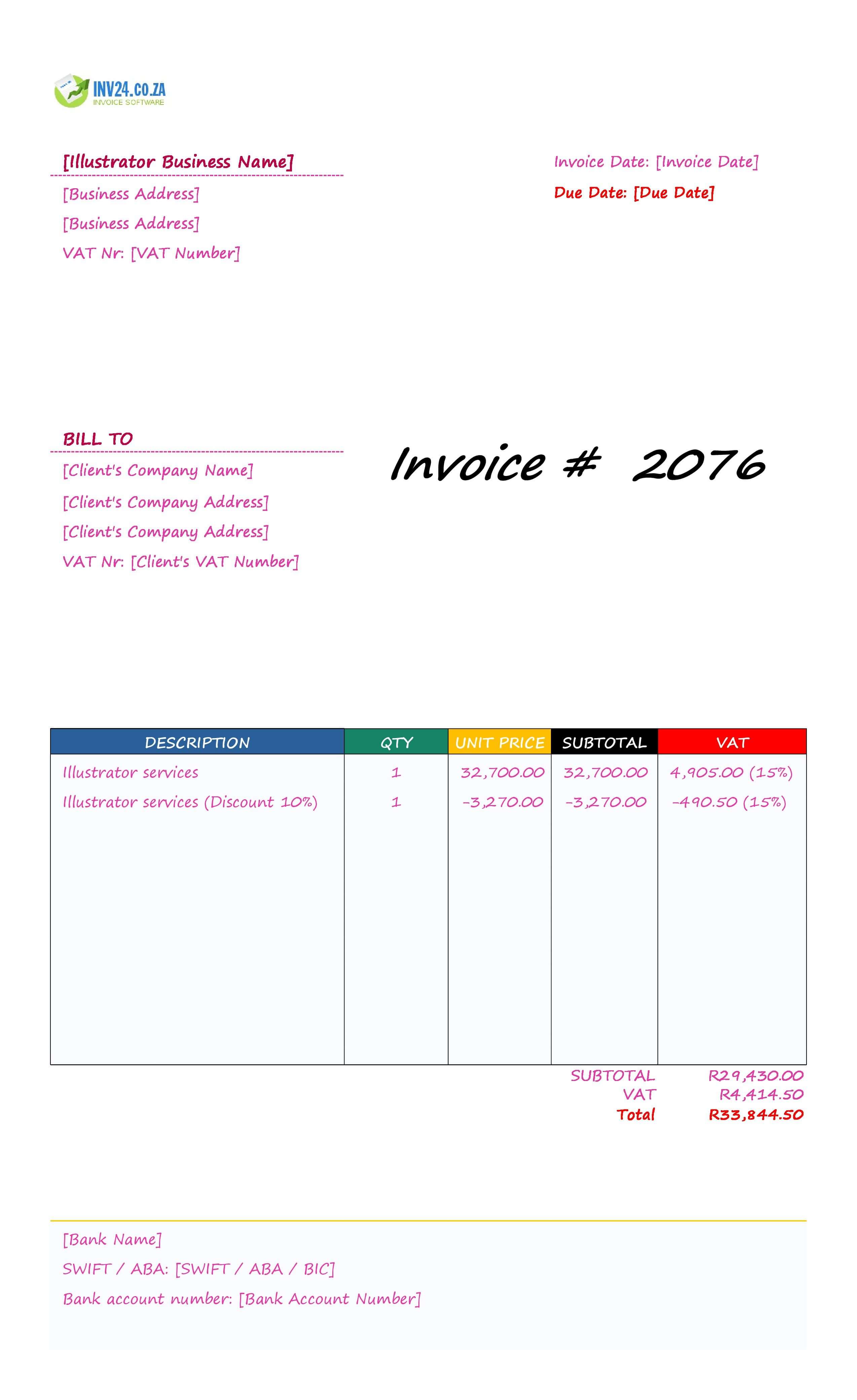 Illustrator Invoice Template for South Africa (Excel / Google Sheets)