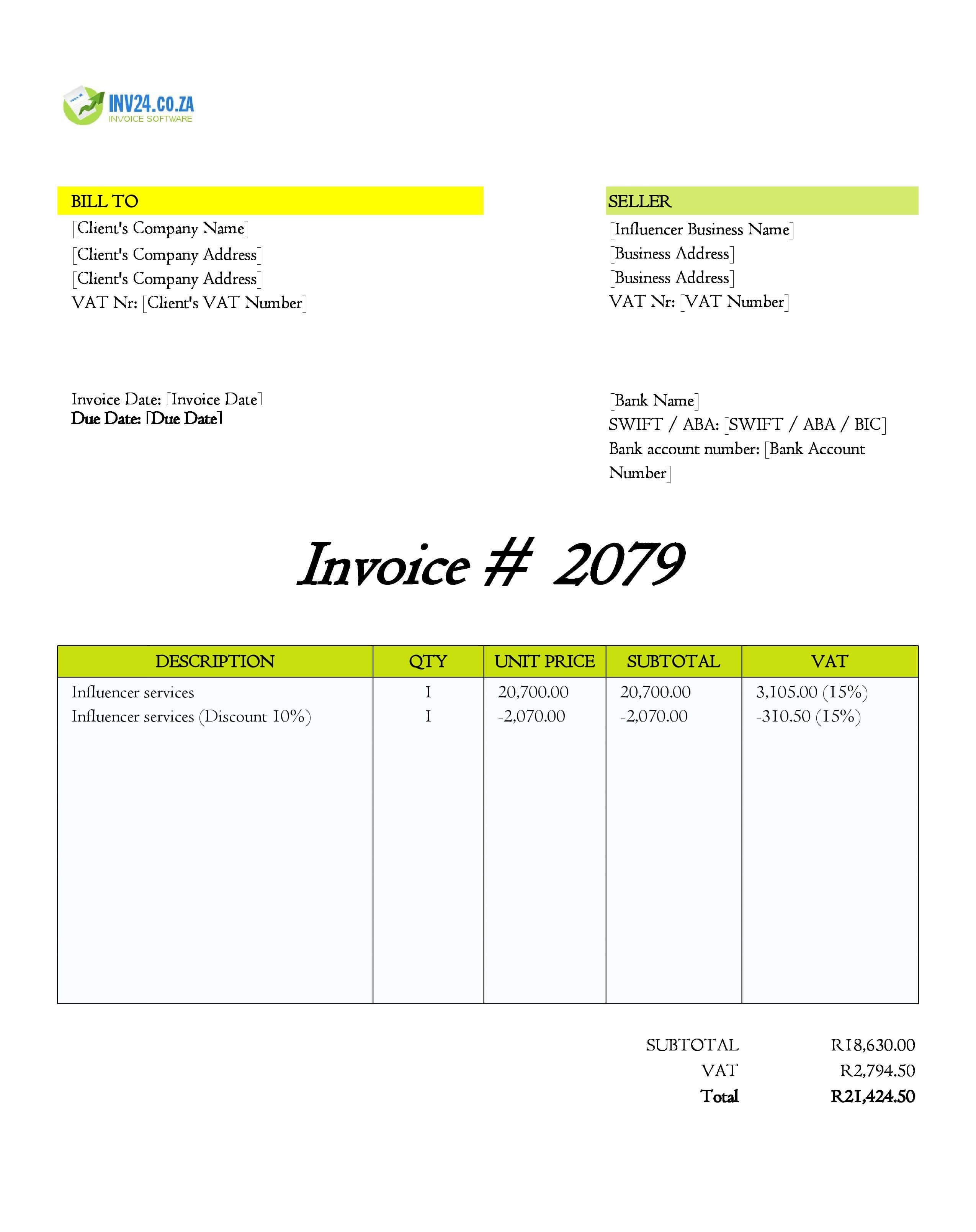 Influencer Invoice Template for South Africa (Excel / Google Sheets) Influencer Invoice Template for South Africa (Excel / Google Sheets)