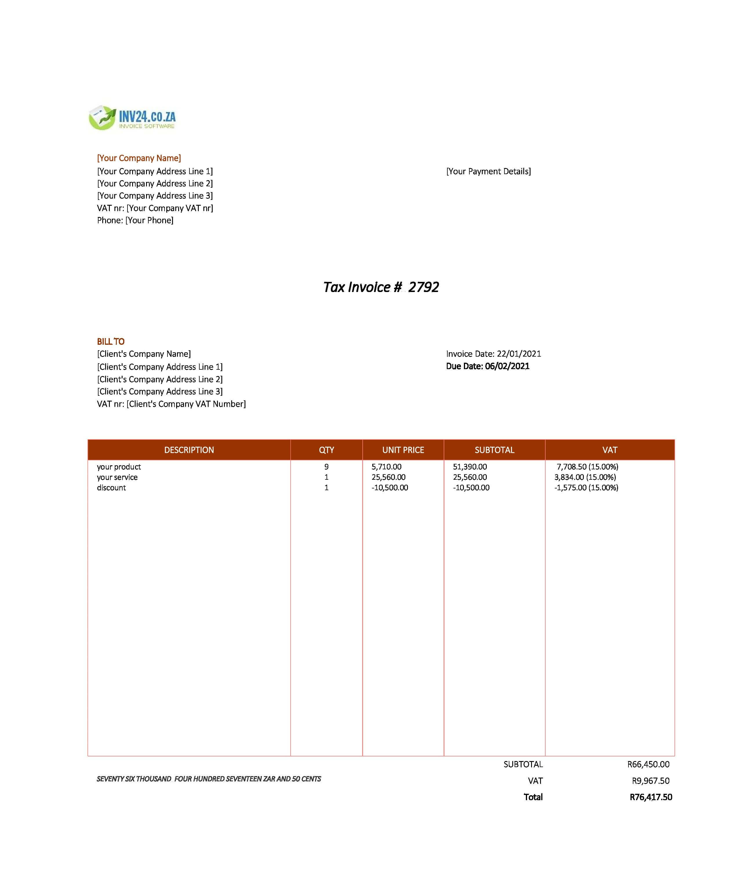 Invoice Example South Africa (Excel / Google Sheets) Invoice Example South Africa (Excel / Google Sheets)