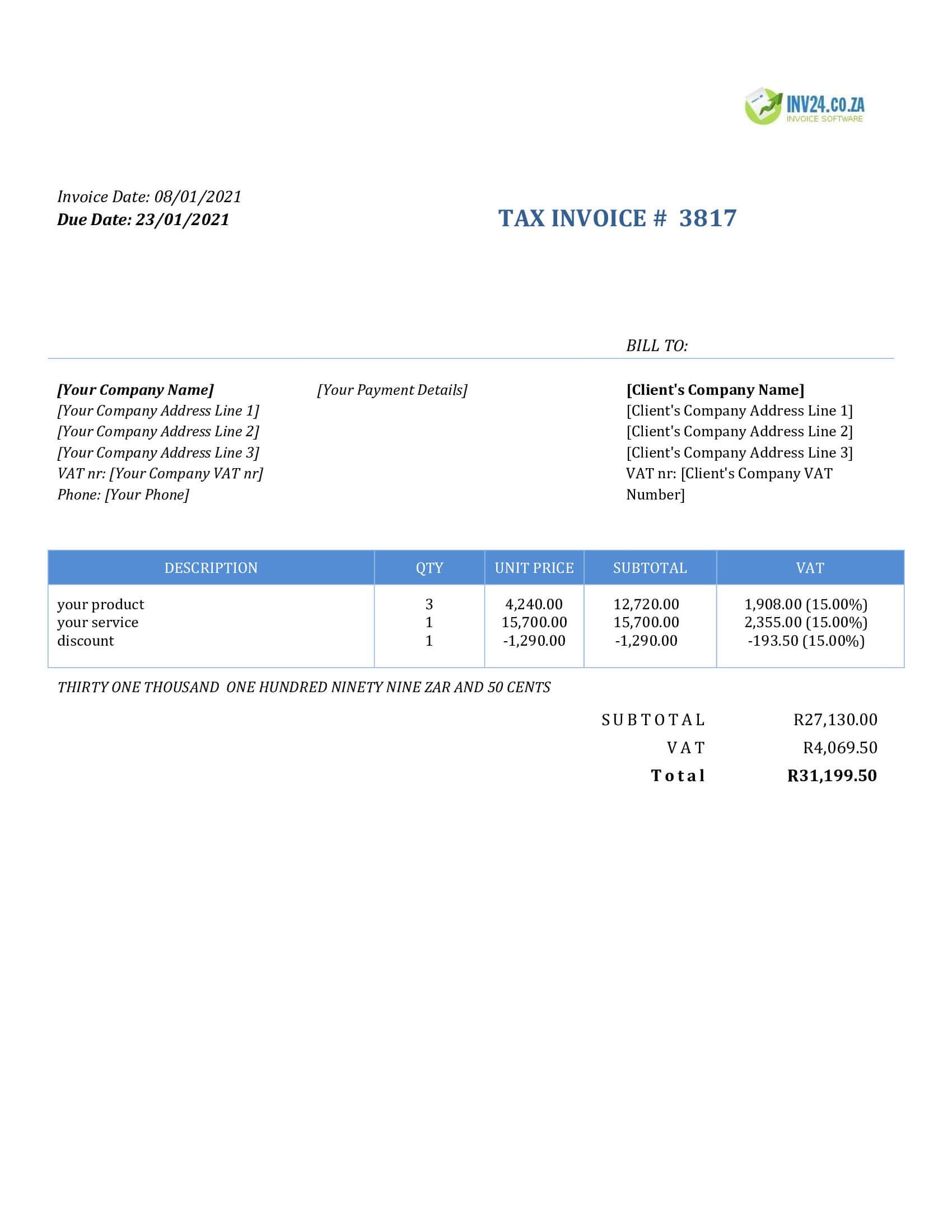 Invoice Format South Africa (Word / Google Docs) Invoice Format South Africa (Word / Google Docs)