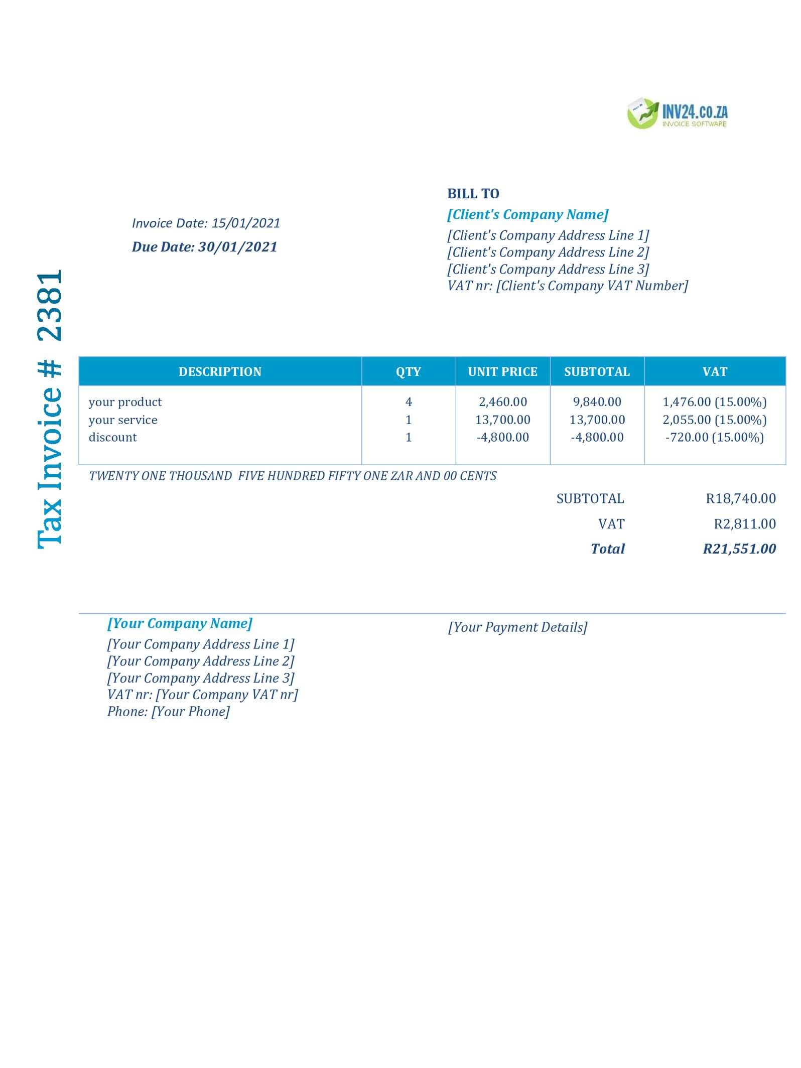 invoice layout south africa word