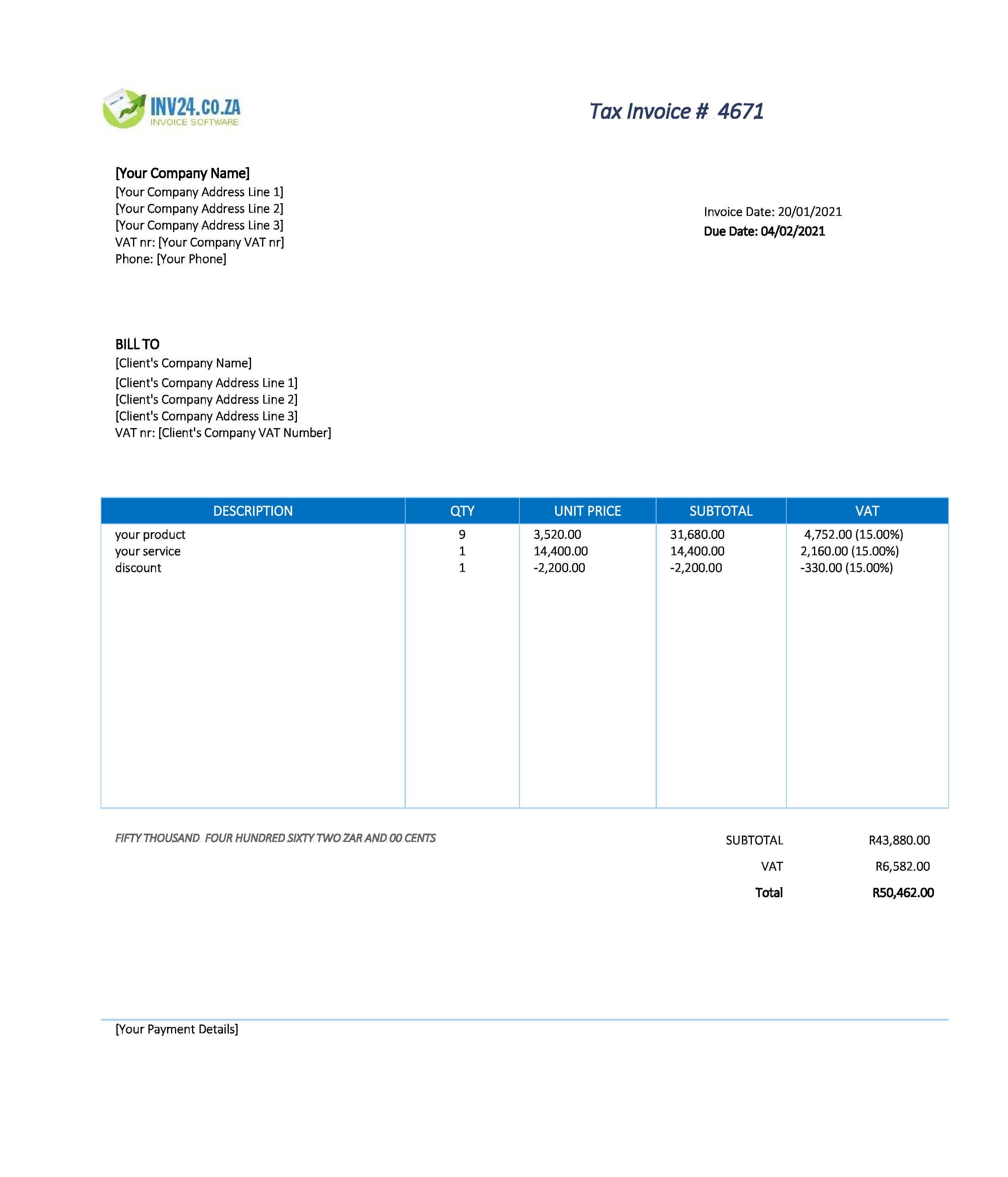 invoice template excel south africa