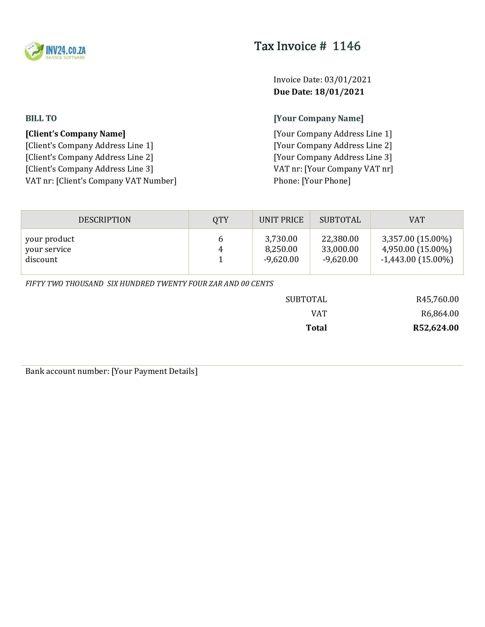 Word invoice example South Africa