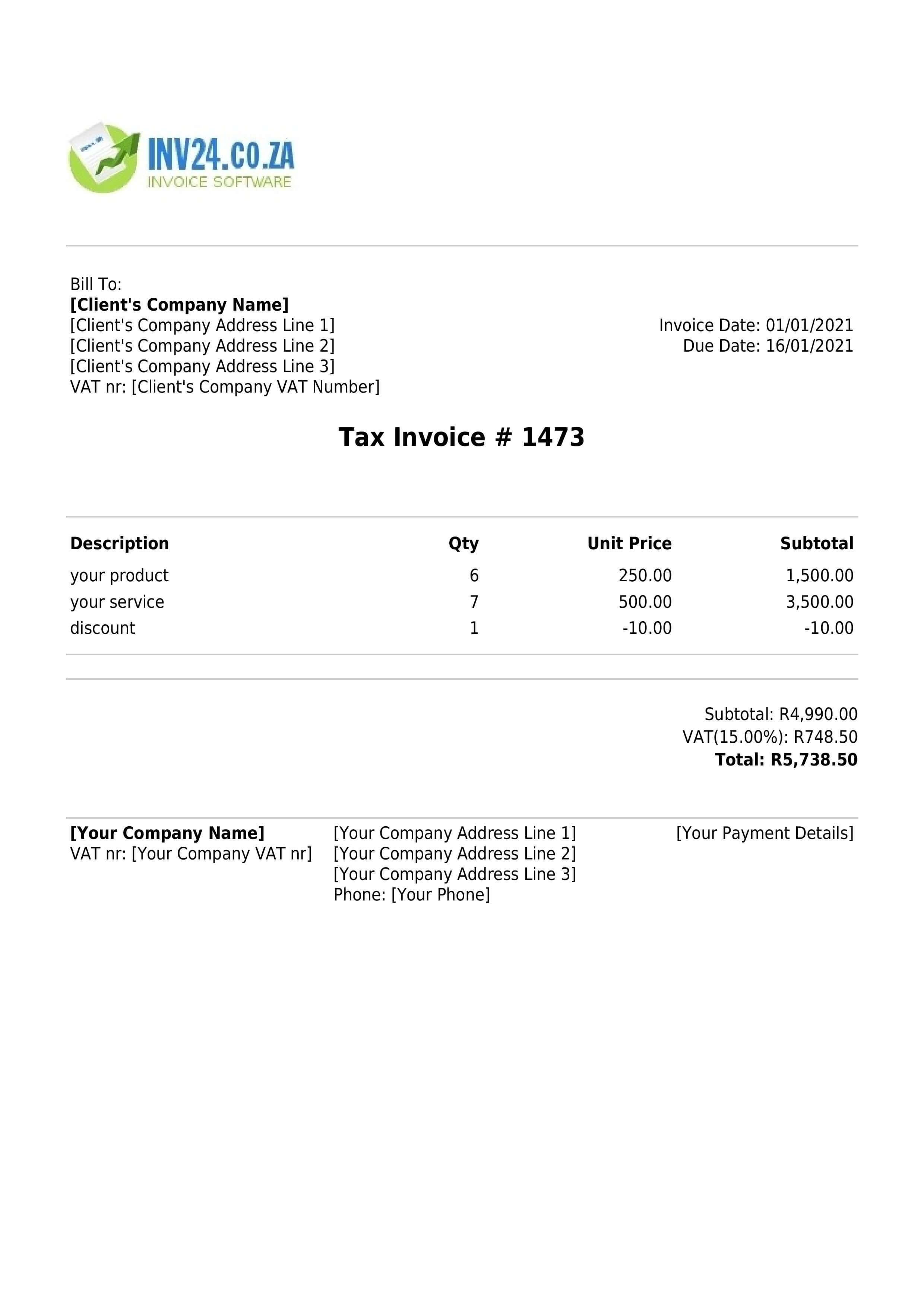 A South African invoice sample with mandatory and optional fields