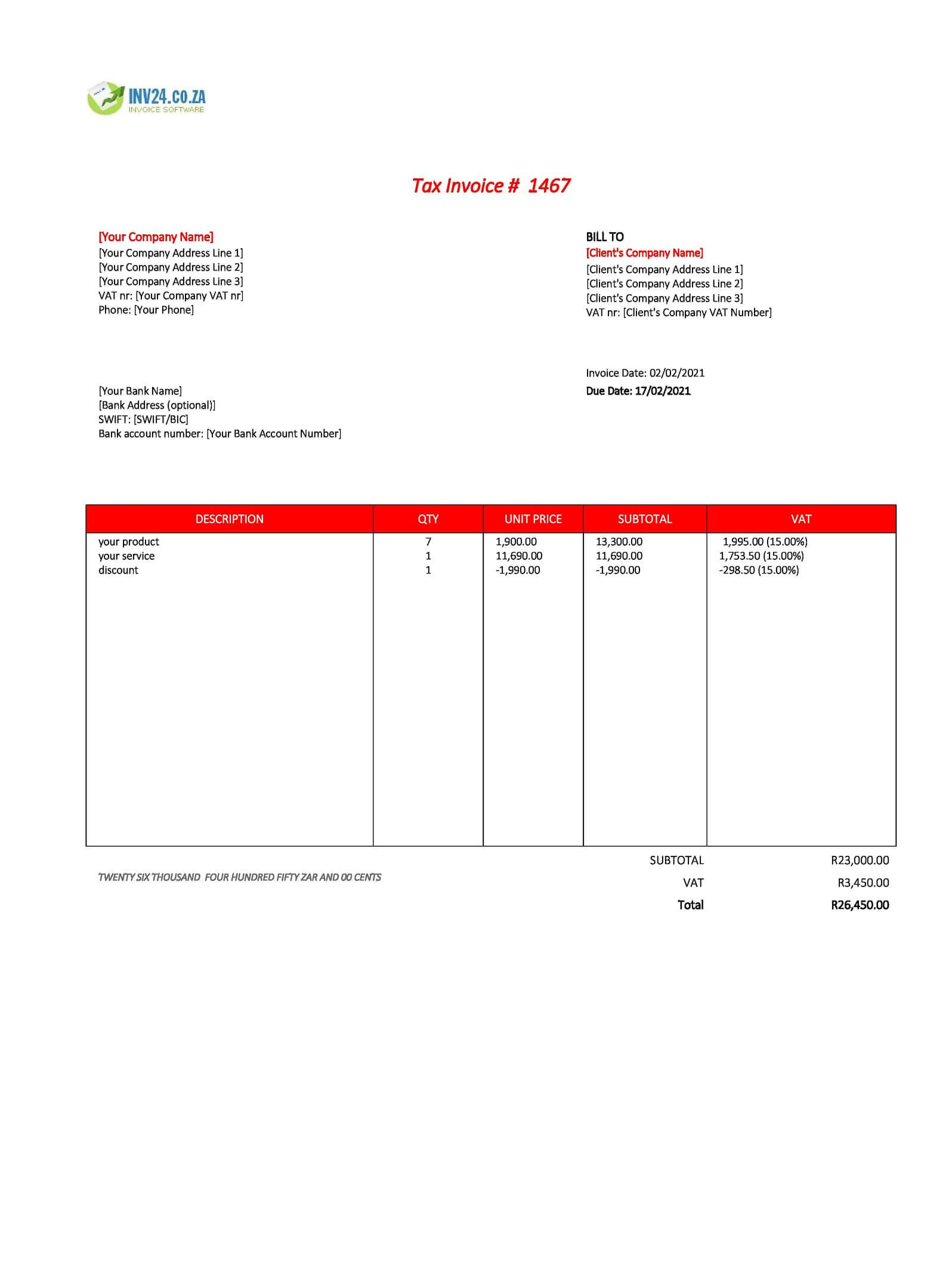 invoice template with bank details south africa excel