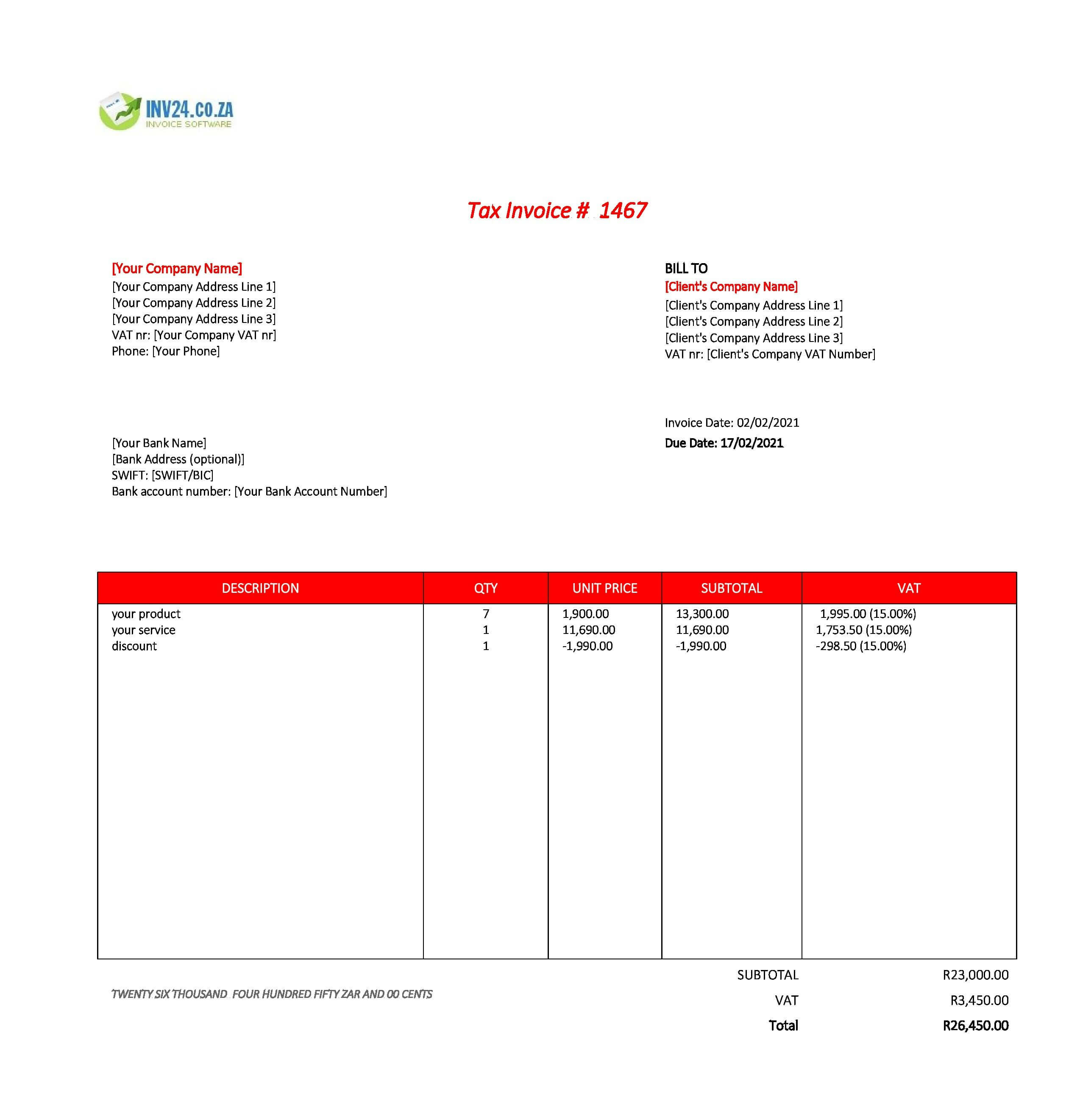 invoice template with bank details south africa