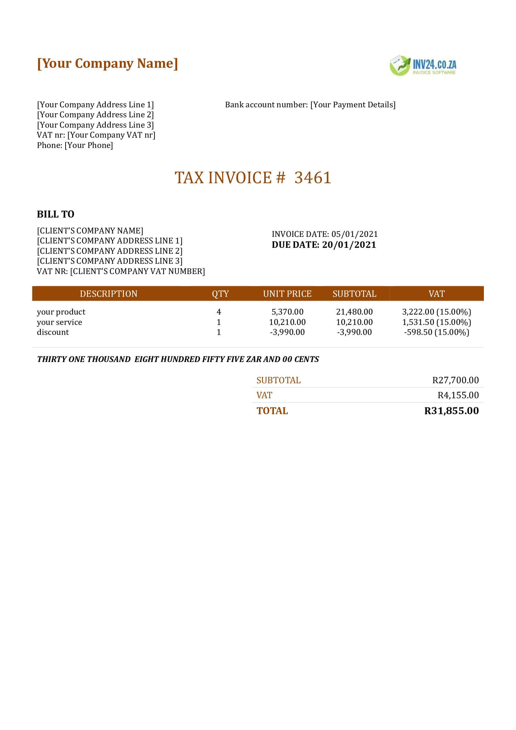 Invoice Template With Discount South Africa (Word / Google Docs)