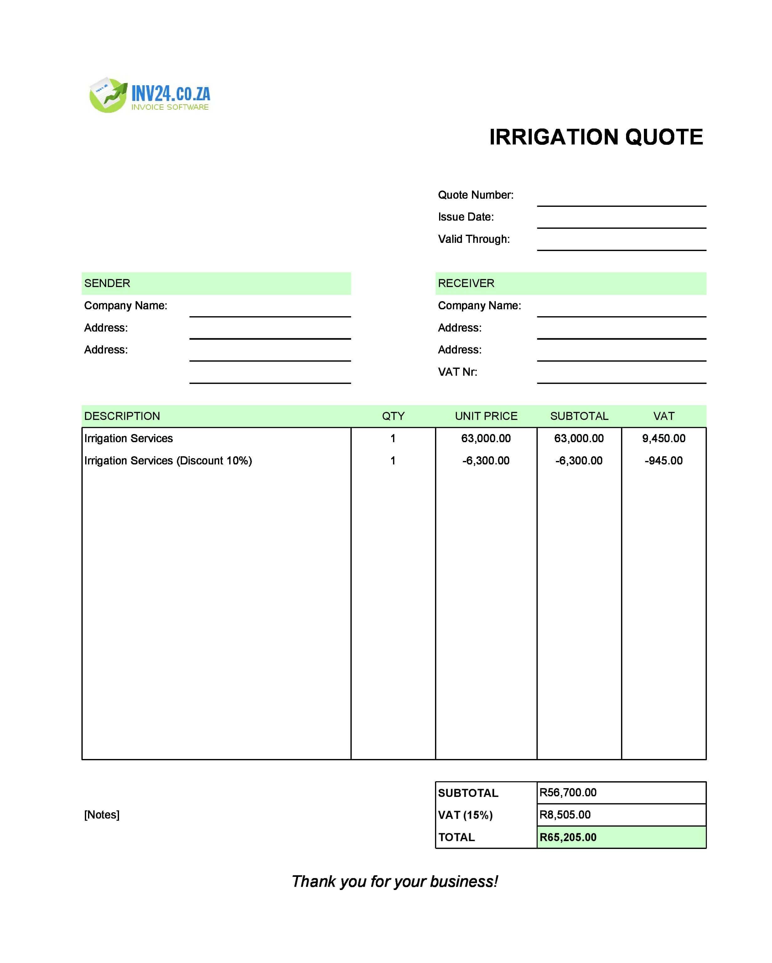 Irrigation Quote Template for South Africa (Excel / Google Sheets)