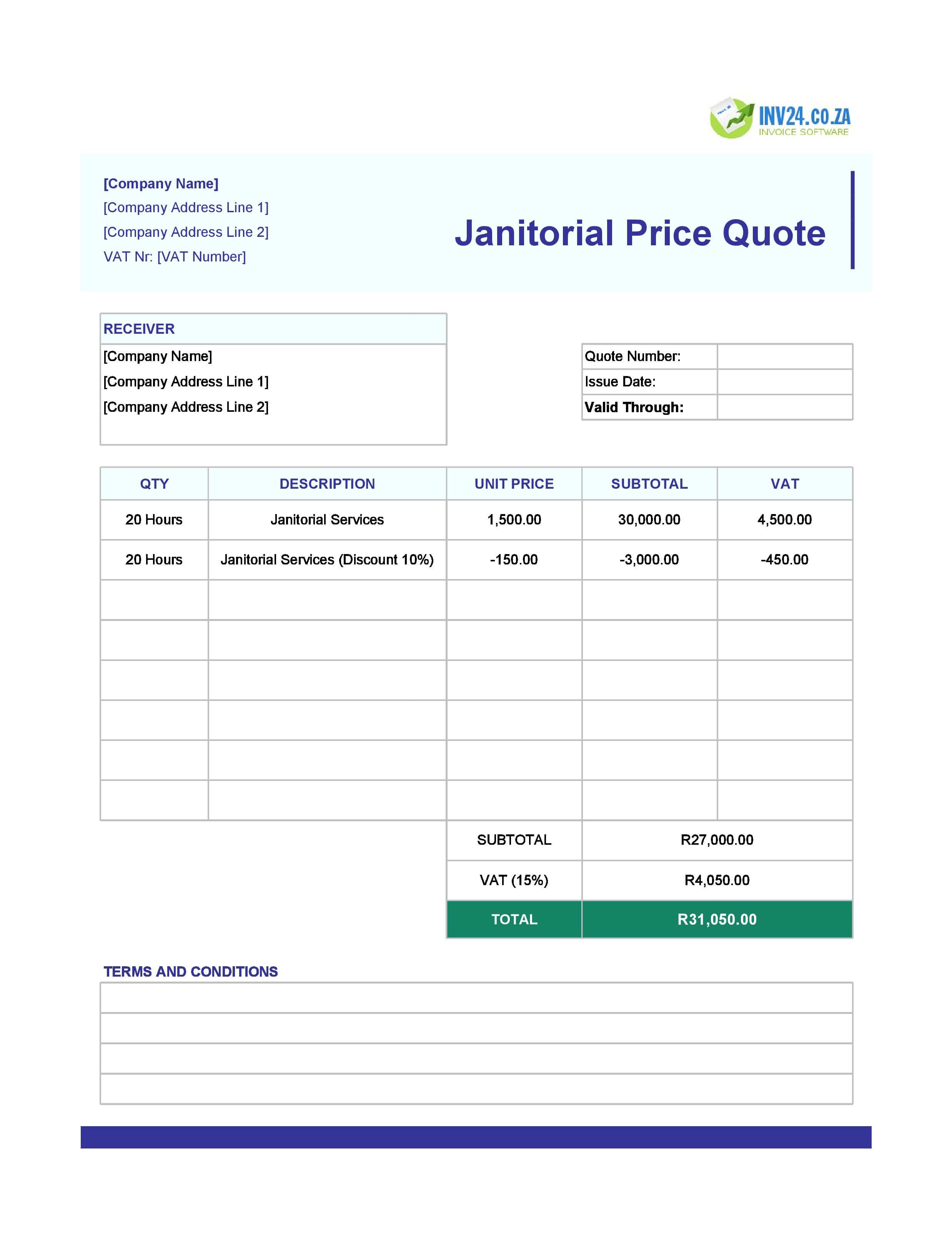 Janitorial Quote Template for South Africa (Excel / Google Sheets)