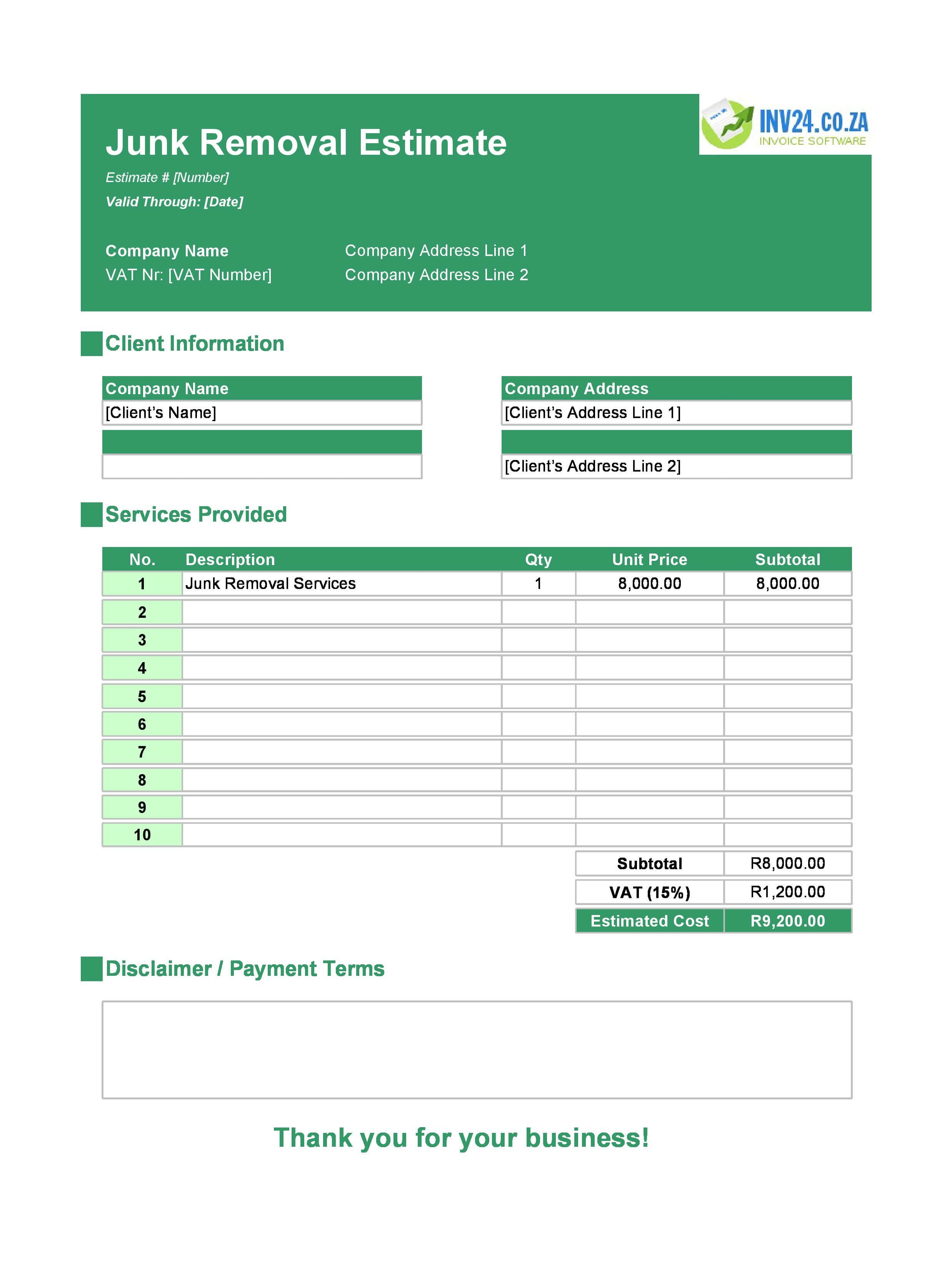 Junk Removal Estimate Template for South Africa (Excel / Google Sheets)