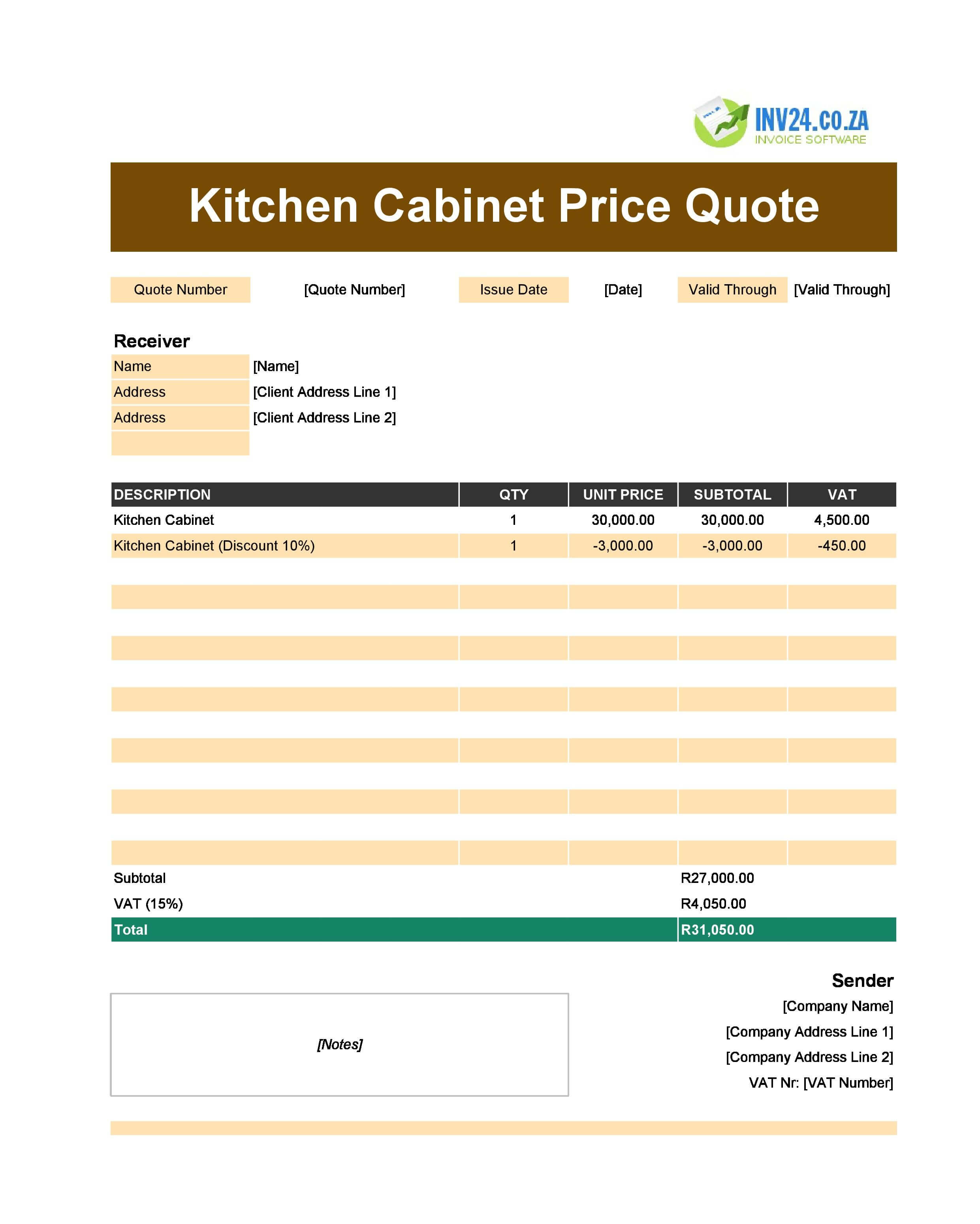 Kitchen Cabinet Quote Template for South Africa (Excel / Google Sheets)