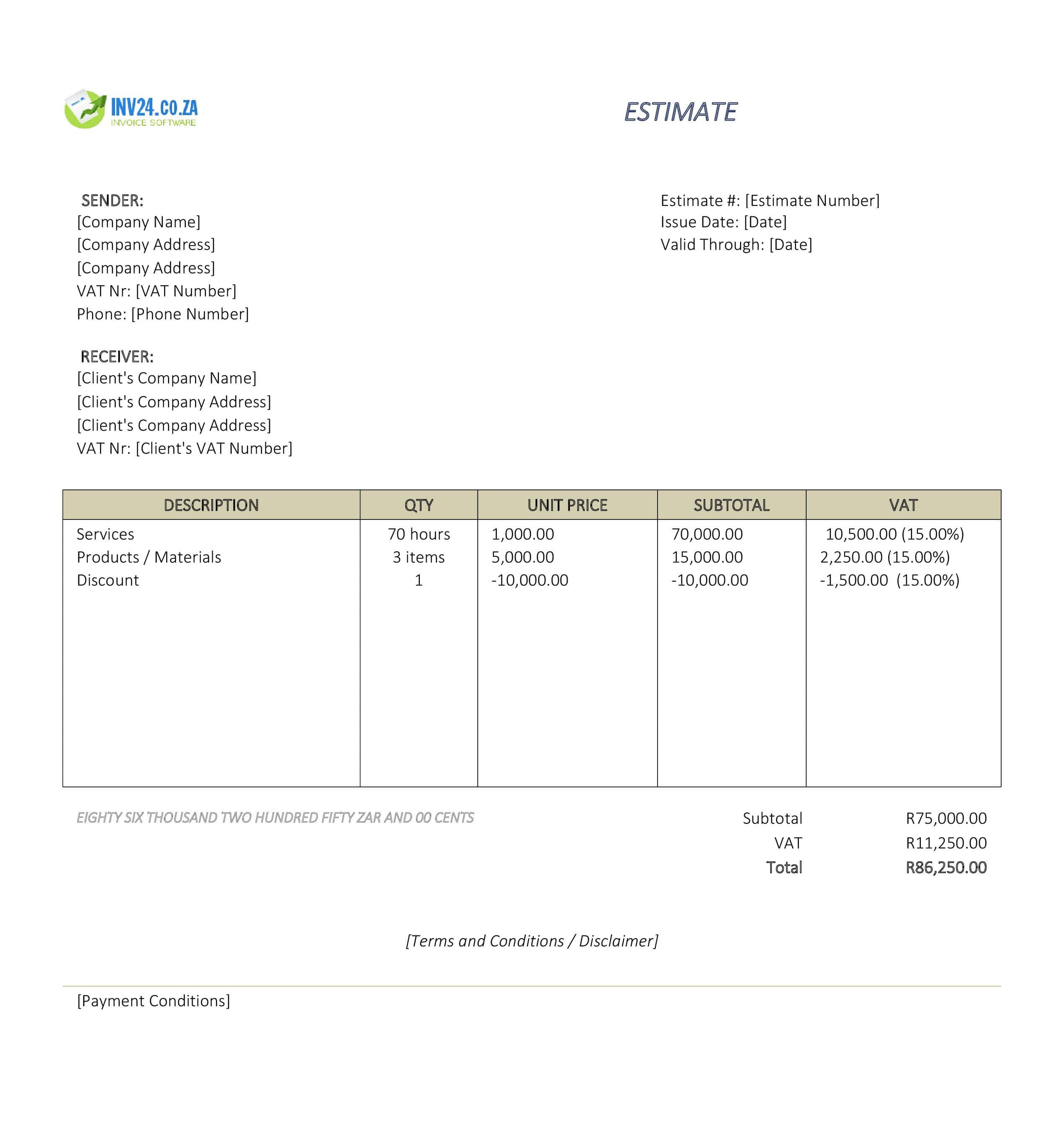 Labor Estimate Template for South Africa (Excel / Google Sheets)
