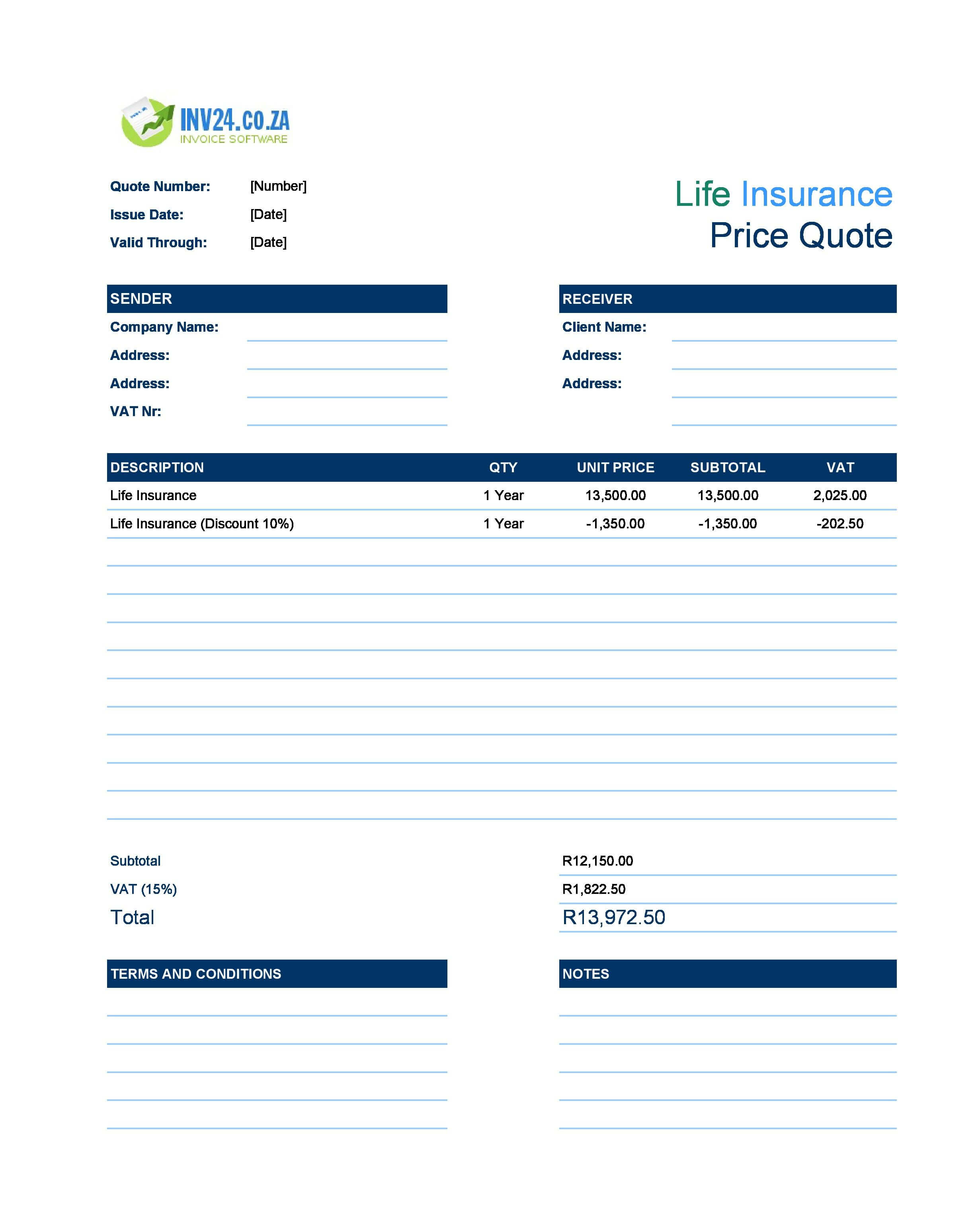 Life Insurance Quote Template for South Africa (Excel / Google Sheets)