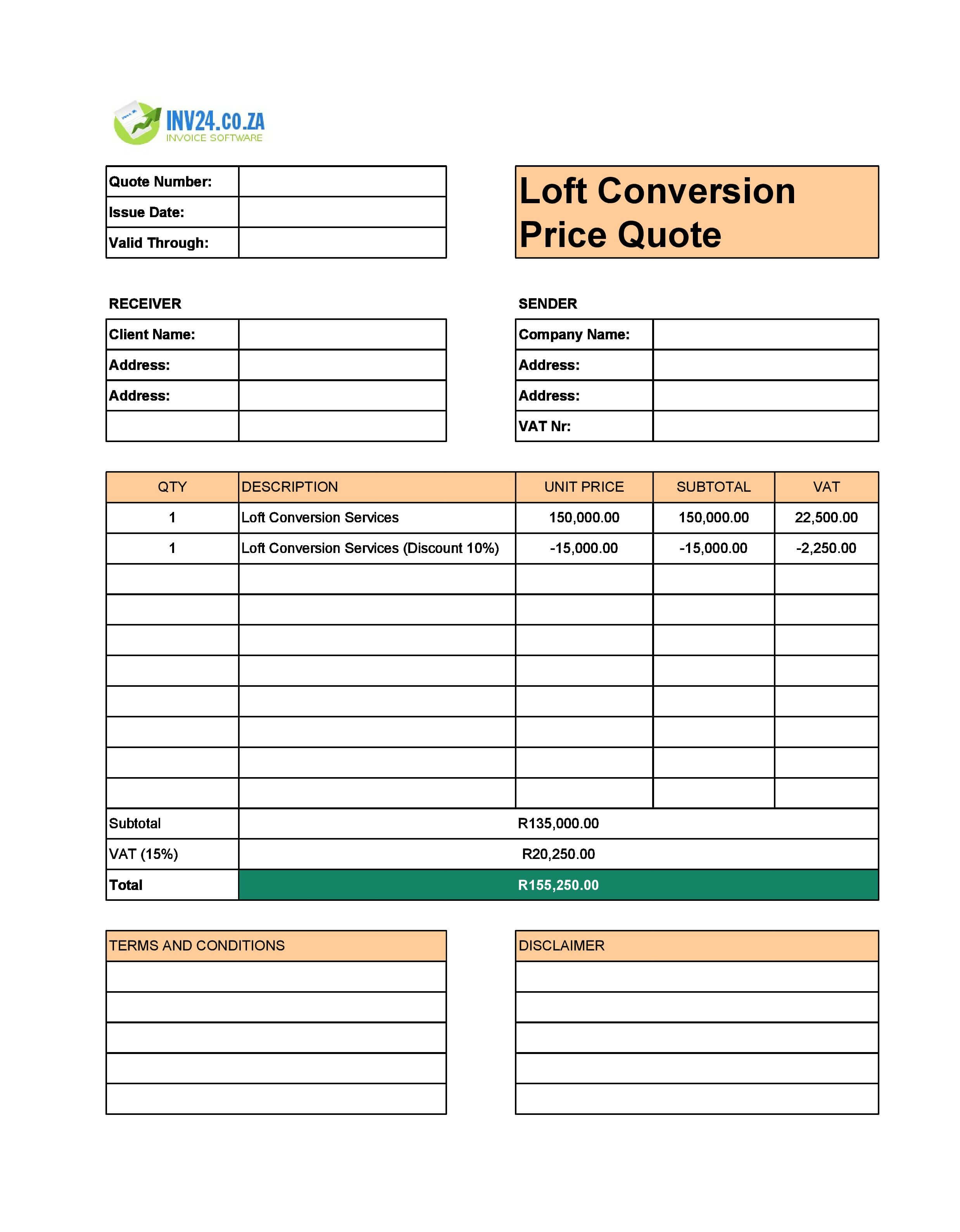 Loft Conversion Quote Template for South Africa (Excel / Google Sheets)