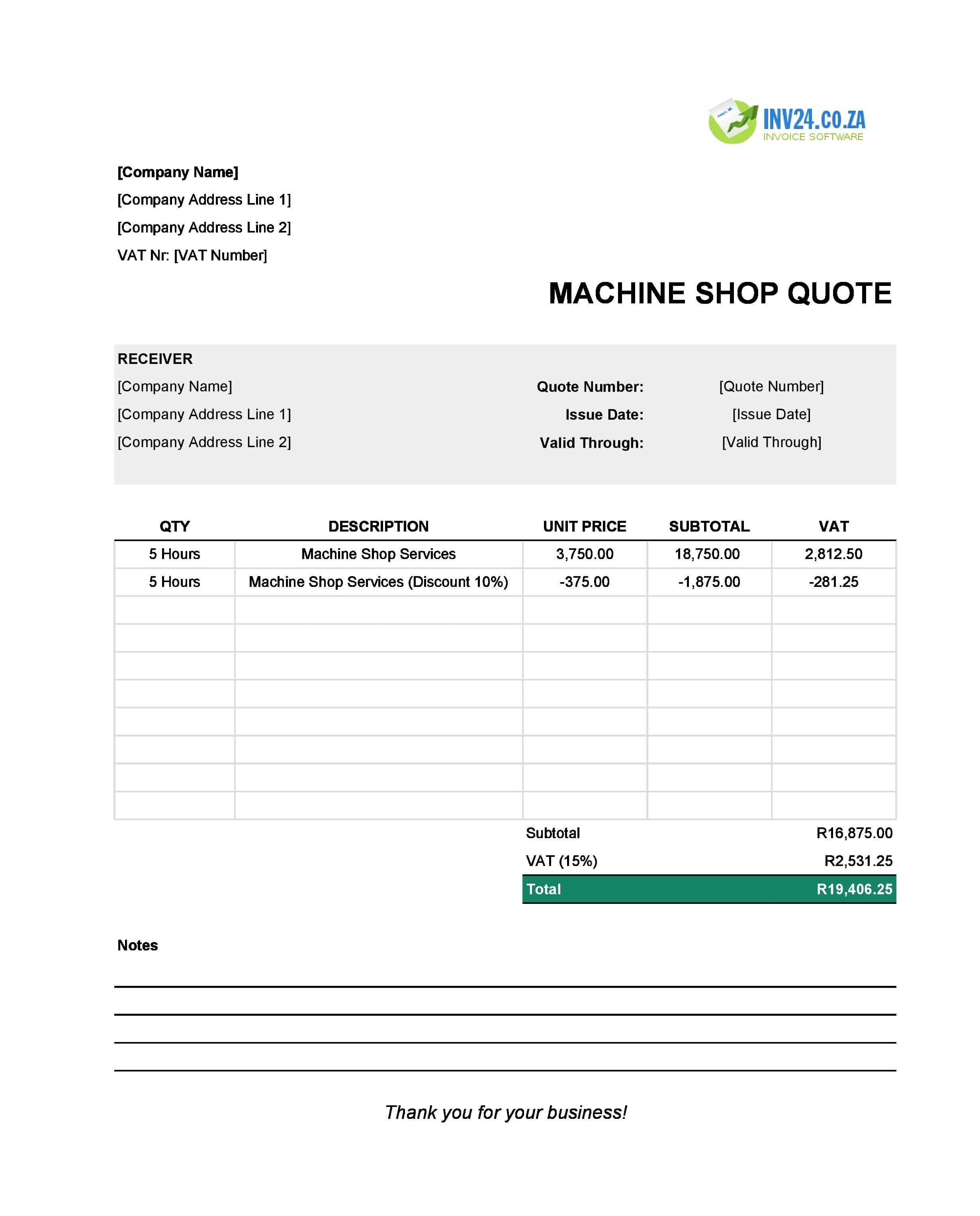 Machine Shop Quote Template for South Africa (Excel / Google Sheets)