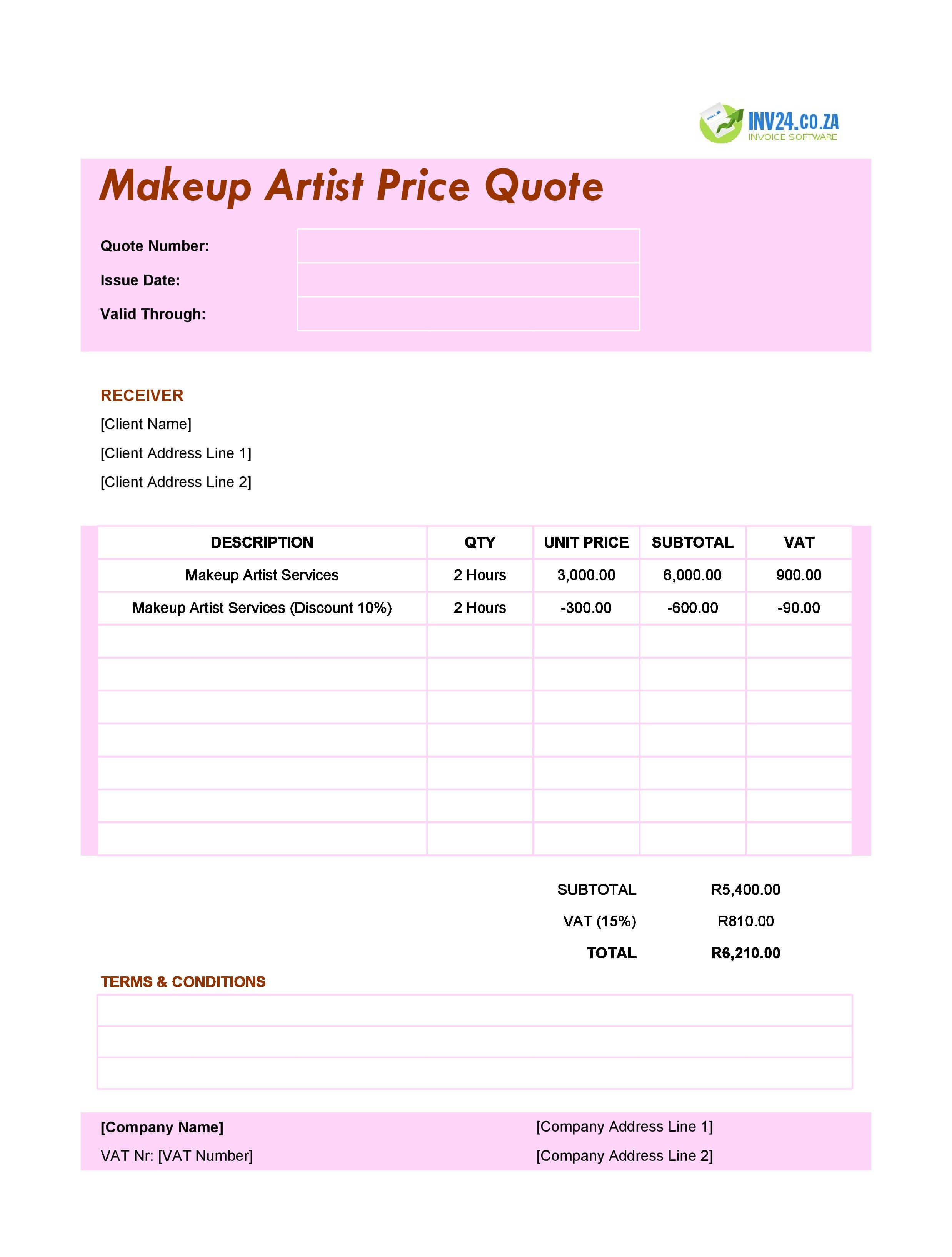 Makeup Artist Quote Template for South Africa (Excel / Google Sheets)