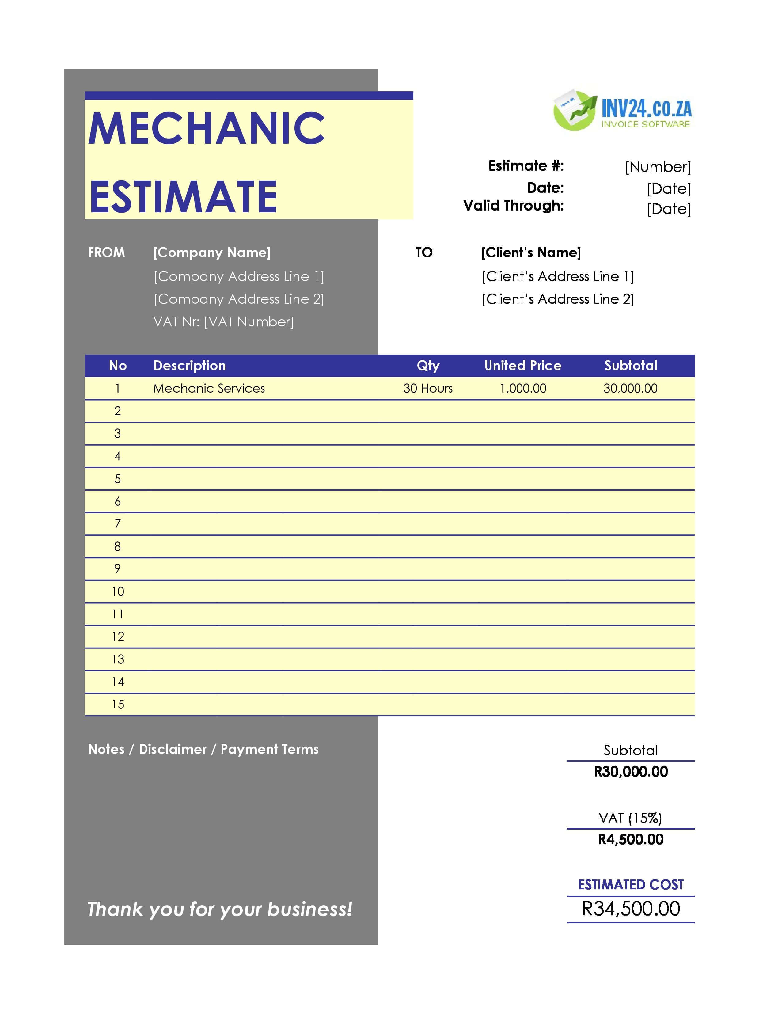 Mechanic Estimate Template for South Africa (Excel / Google Sheets)
